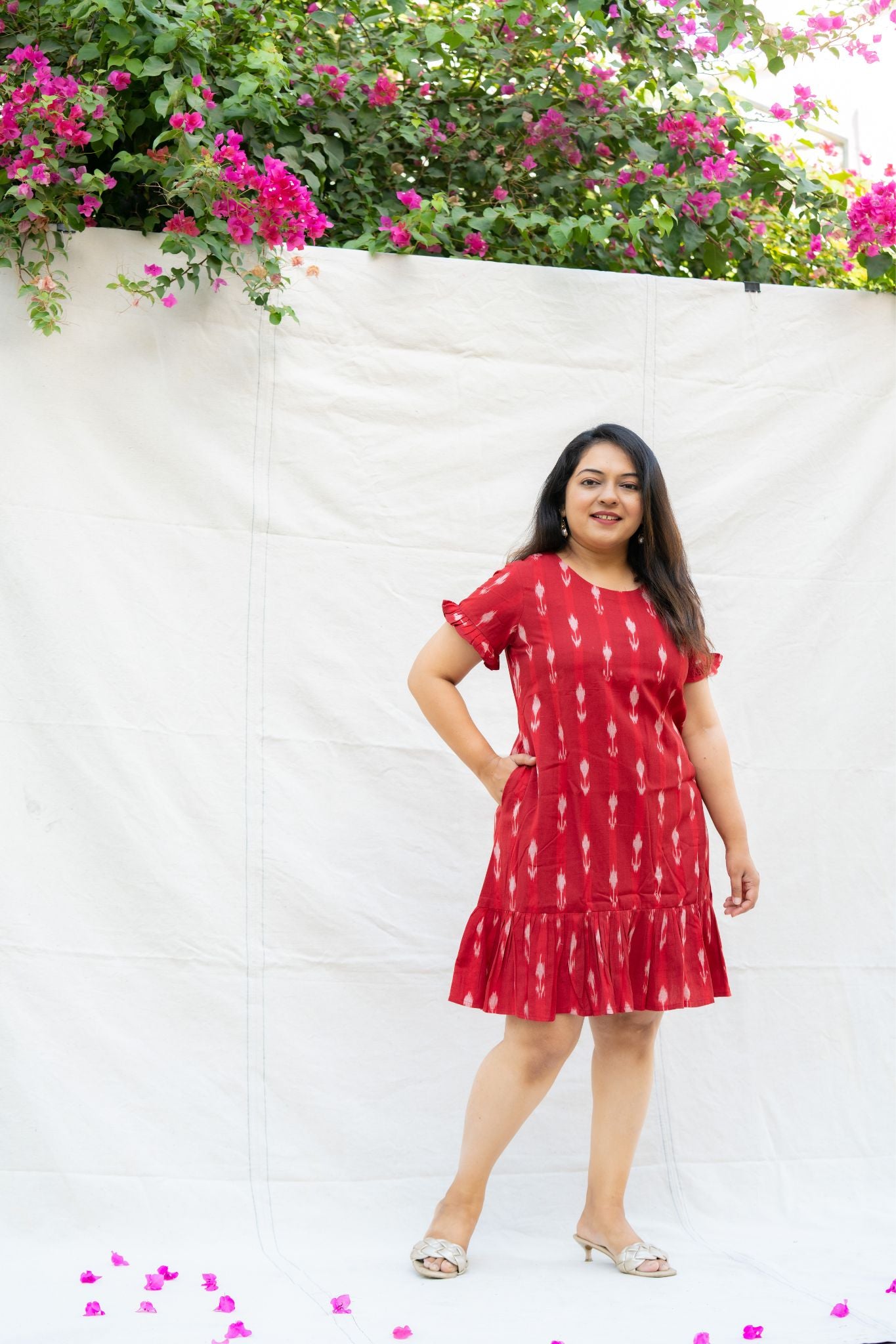 Te Amo Red Pure Ikat Cotton Knee length Dress