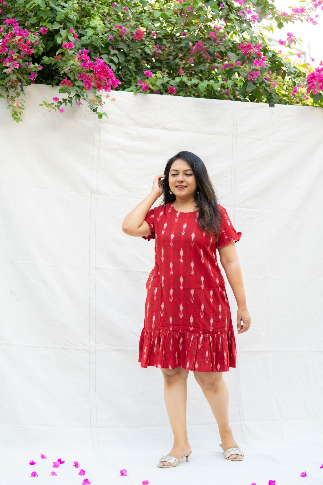 Te Amo Red Pure Ikat Cotton Knee length Dress