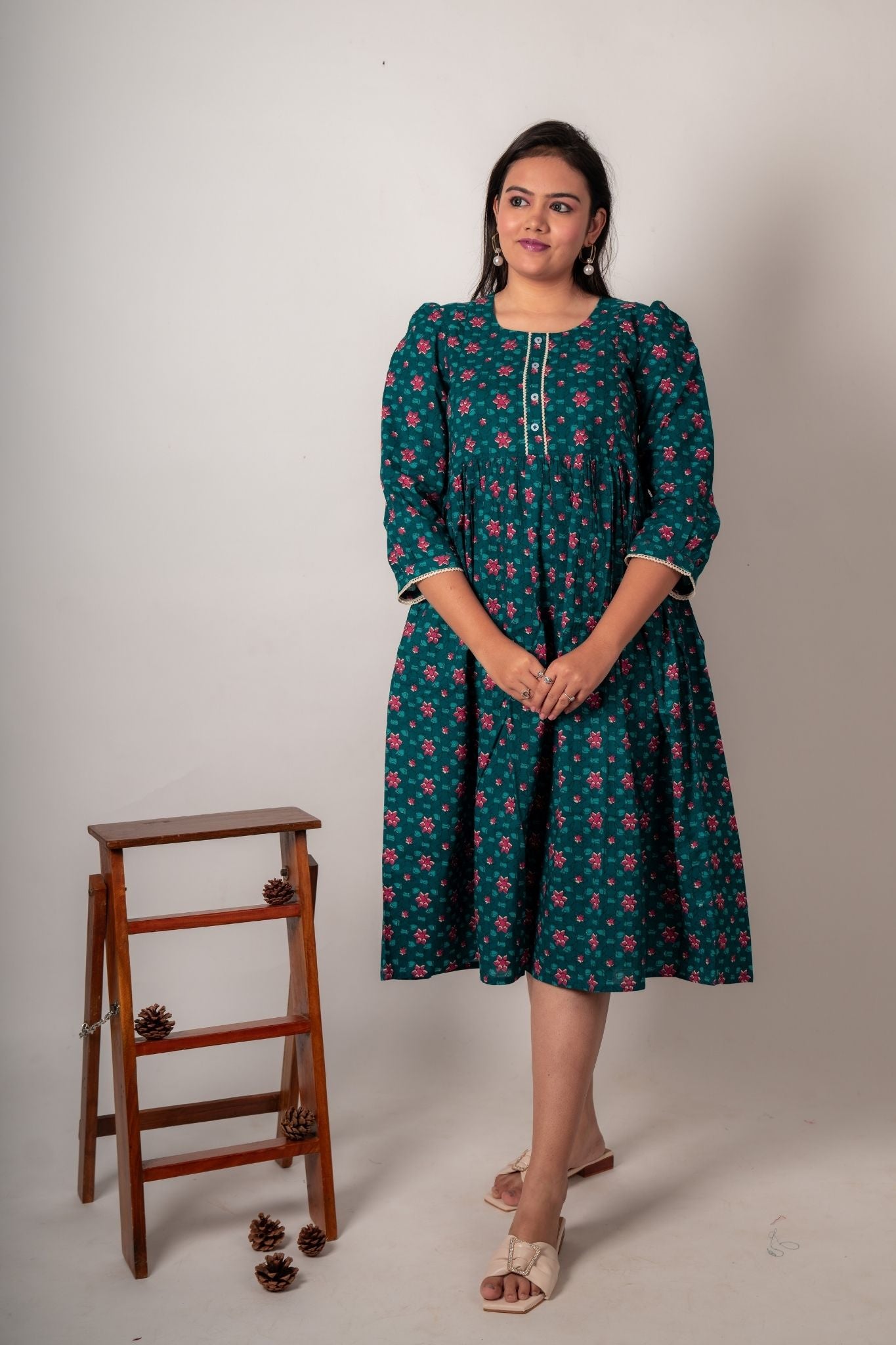 Blue Round neck Maternity Cotton Dress