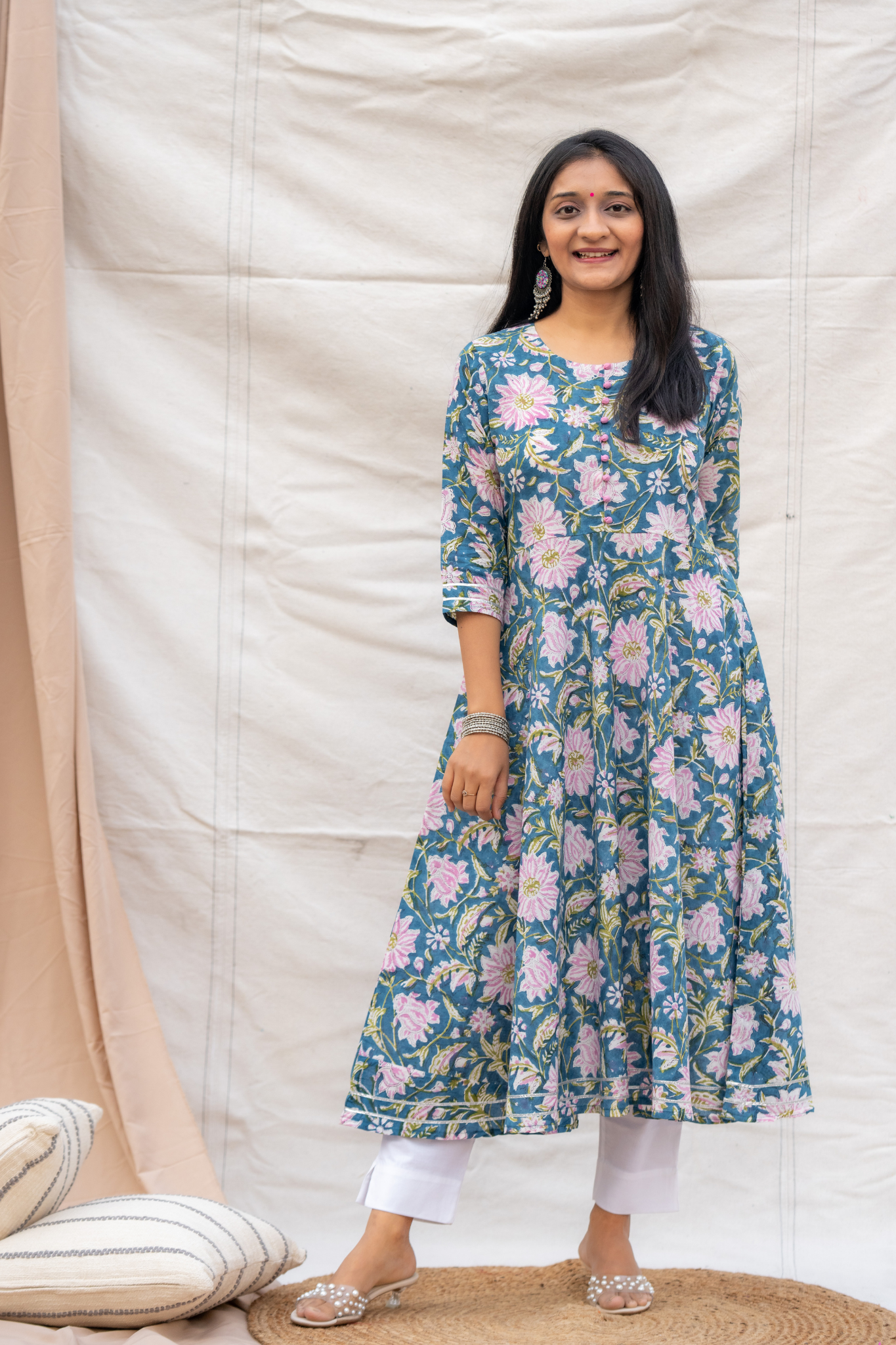 Blue Floral Print Hand block Cotton Kurta