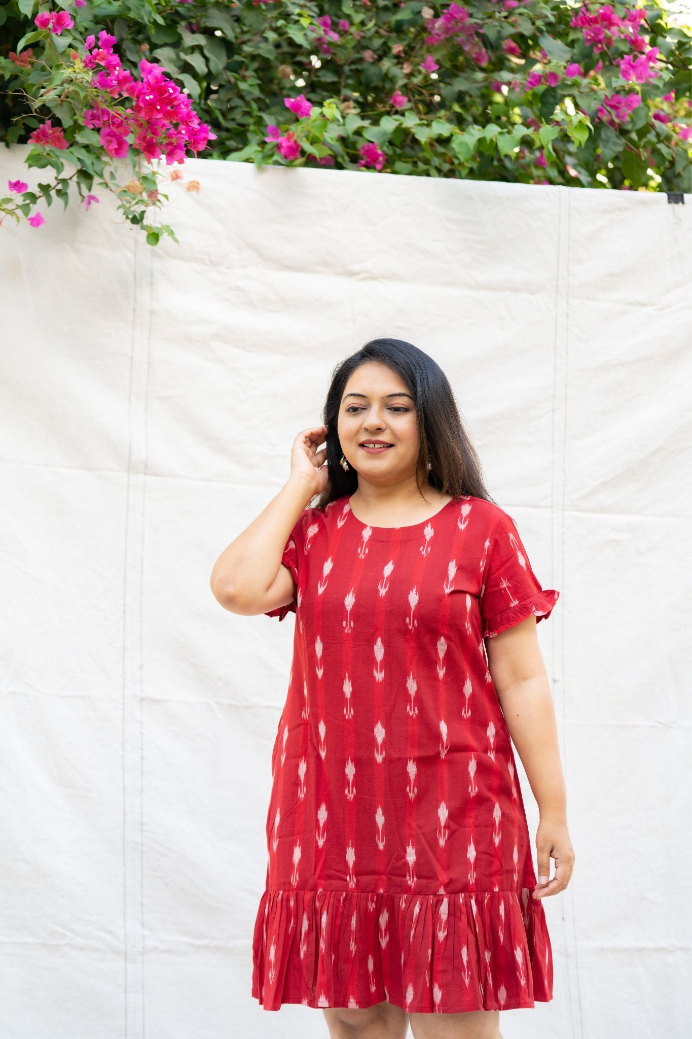 Te Amo Red Pure Ikat Cotton Knee length Dress