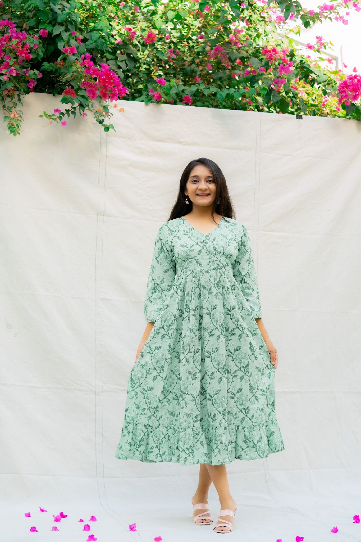 Jade Mint Green Floral Cotton Midi Dress