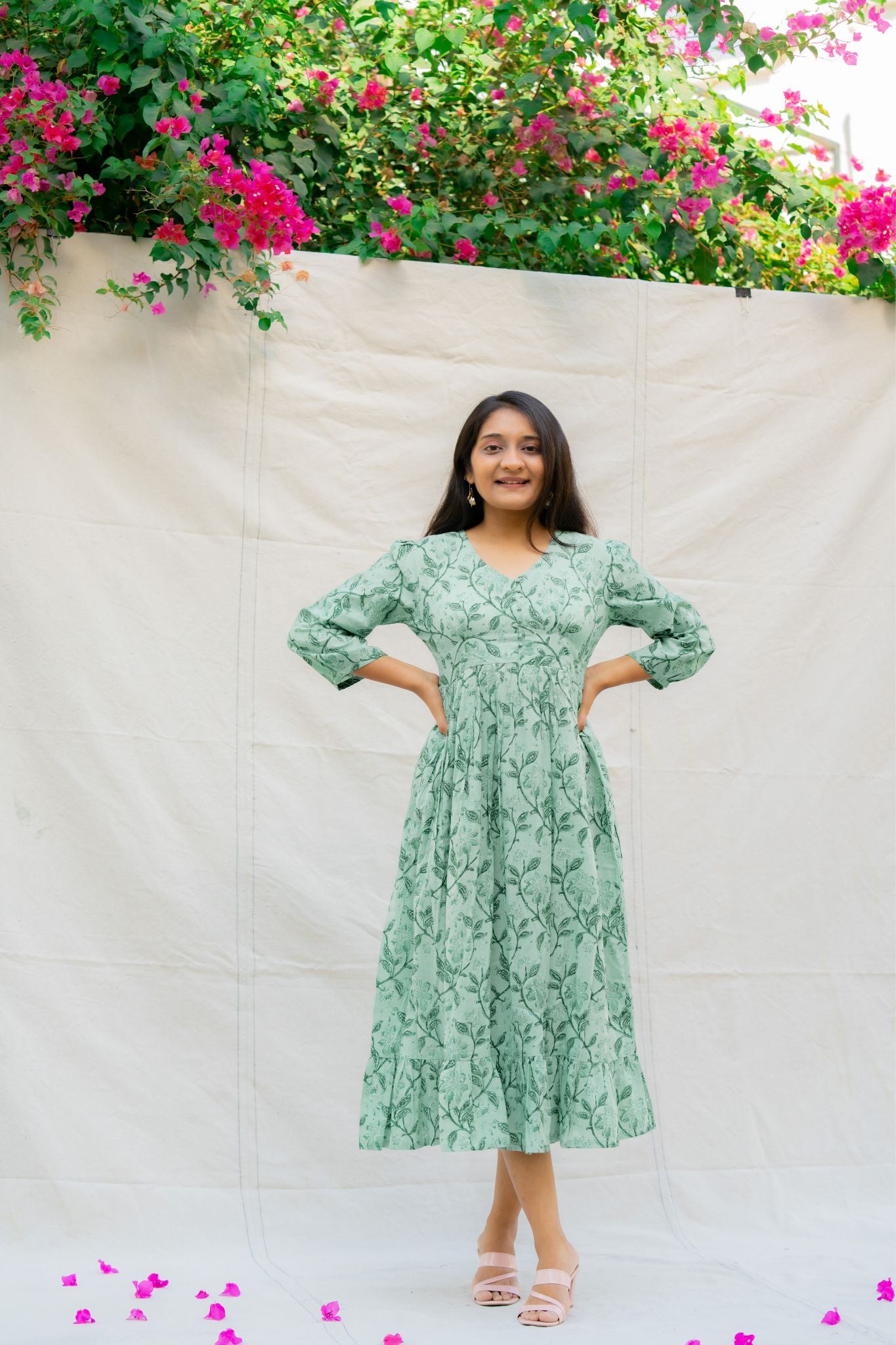Jade Mint Green Floral Cotton Midi Dress