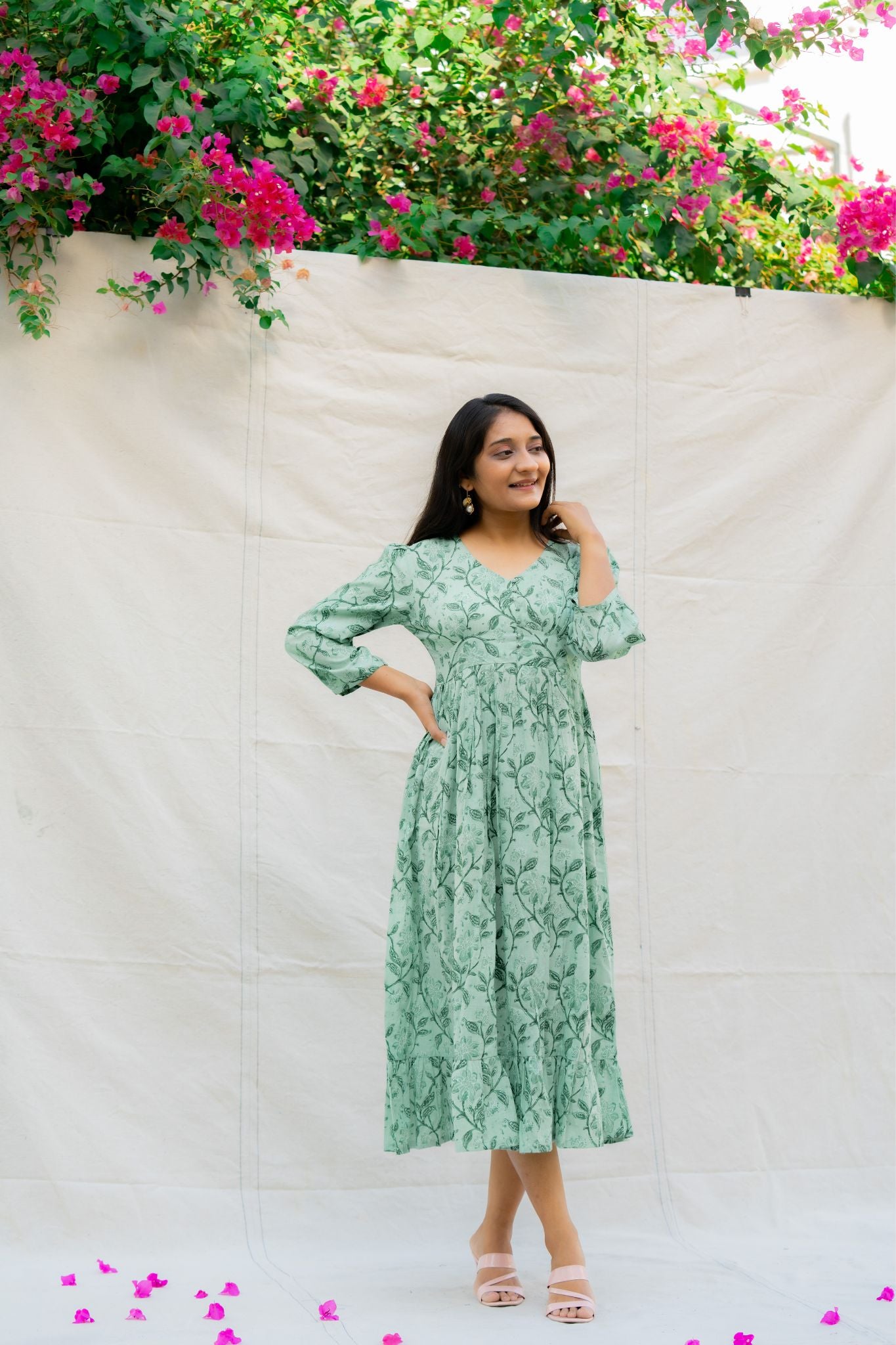 Jade Mint Green Floral Cotton Midi Dress
