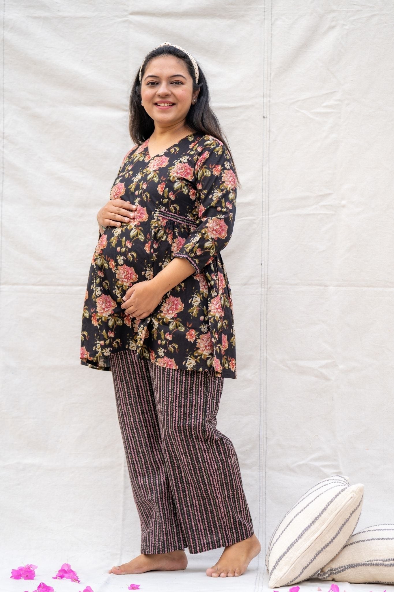 Pregnancy Maternity friendly Cotton lounge wear top and bottom set in black floral prints