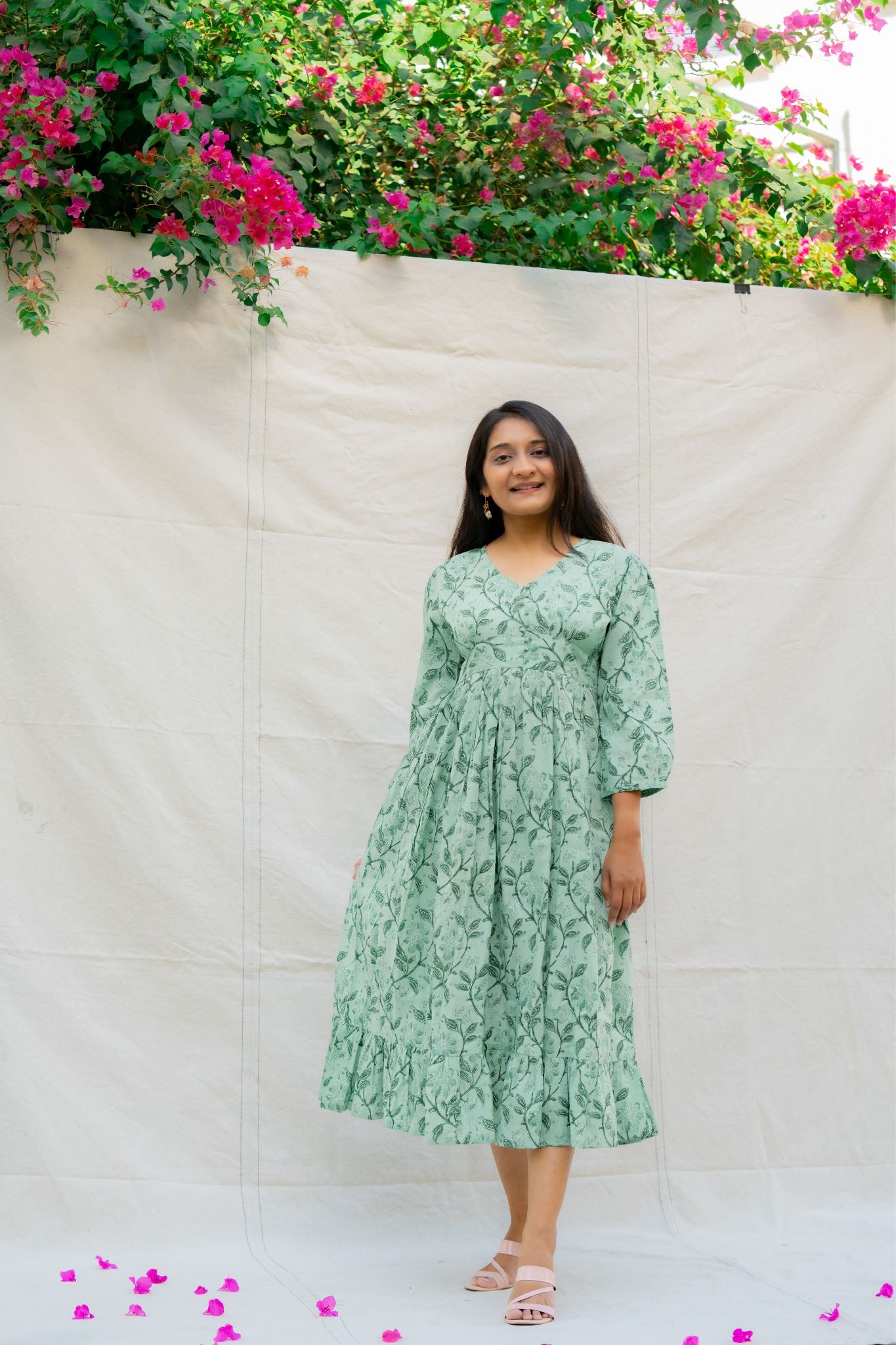 Jade Mint Green Floral Cotton Midi Dress