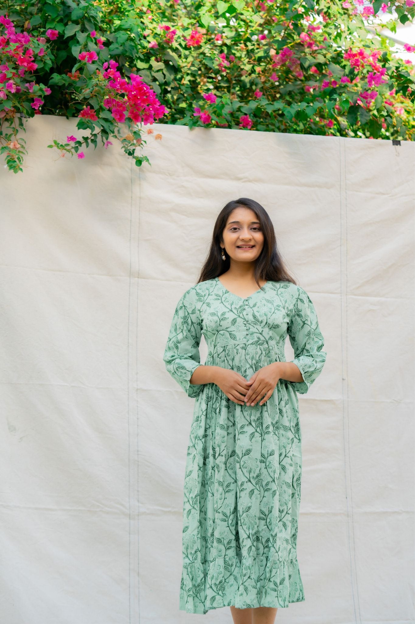 Jade Mint Green Floral Cotton Midi Dress