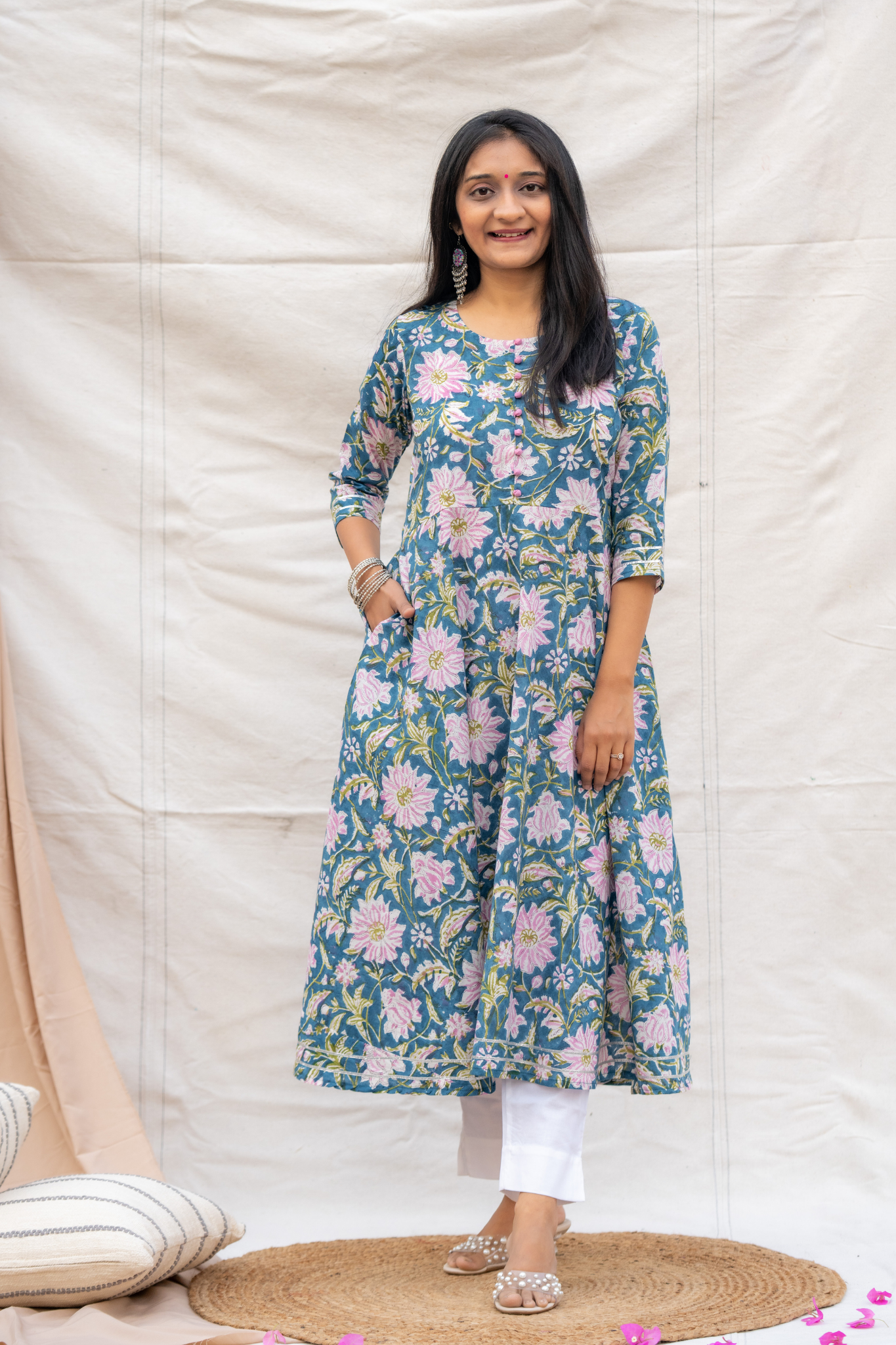 Blue Crochet lace with Pocket Hand Block Cotton Kurta