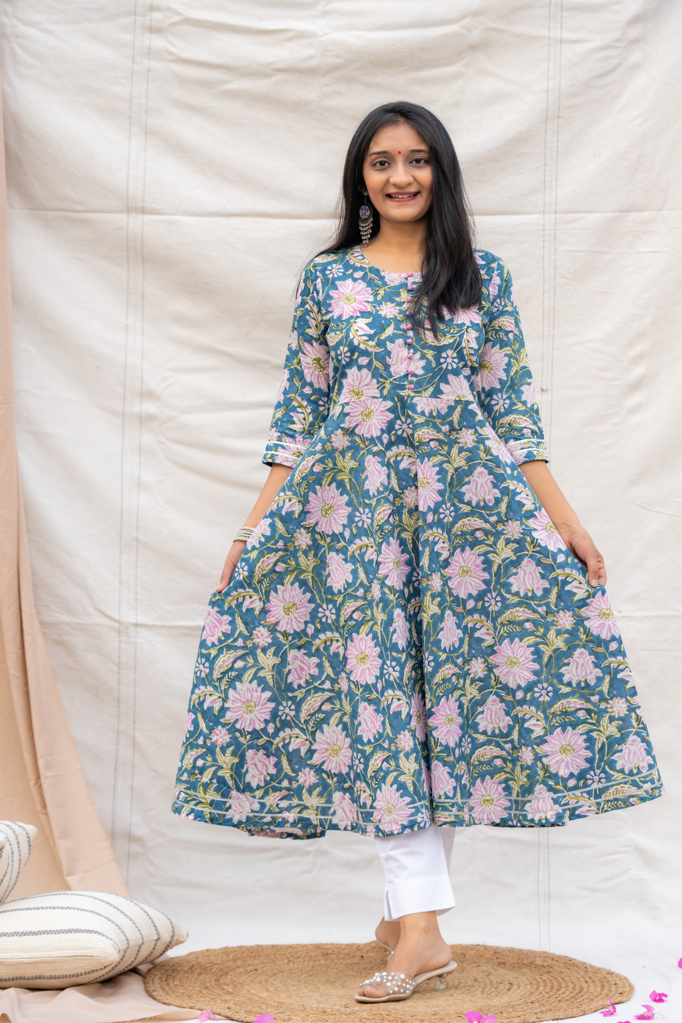 Blue Three fourth Sleeves Hand block Cotton Kurta