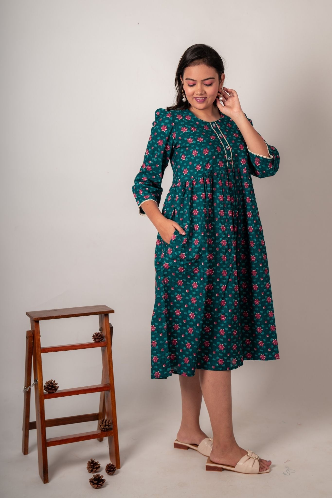 Blue Feeding Friendly Maternity Dress With Pocket