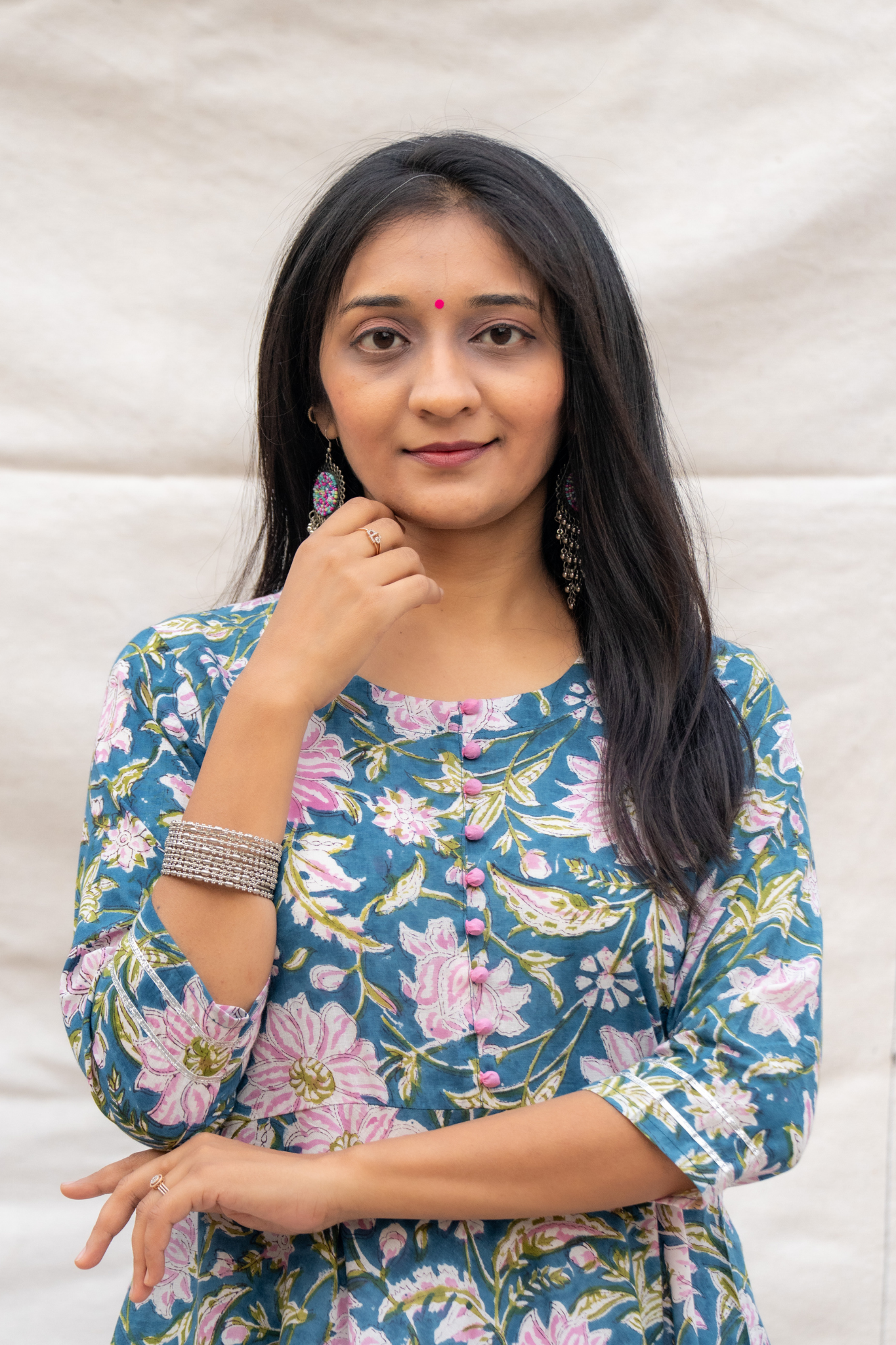 Blue Pink Potli Button Hand Block Cotton Kurta