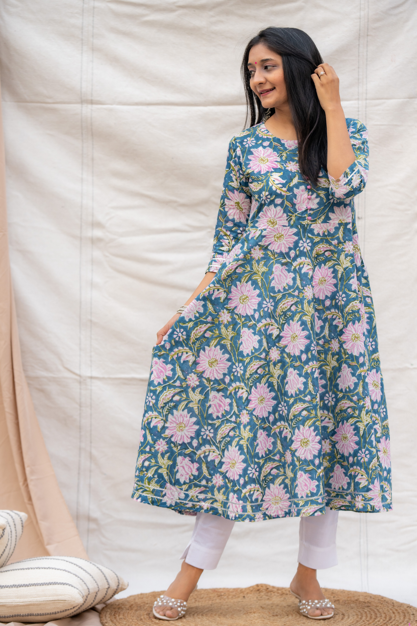 Blue Anarkali Hand block Cotton Kurta