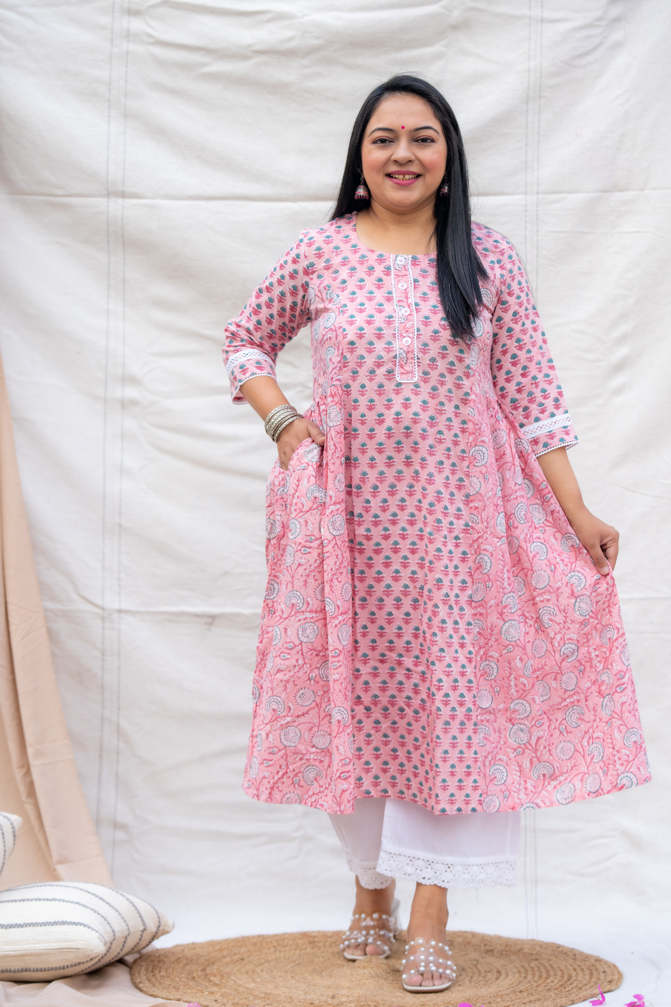 Light Pink Pure Cotton and Pocket Hand Block Cotton Kurta