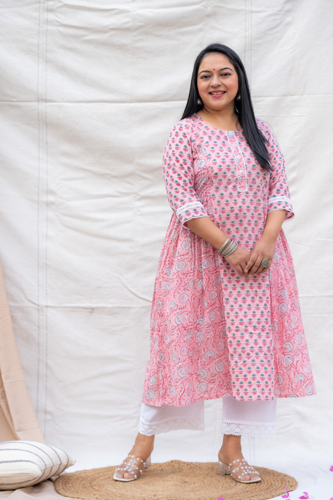 Light Pink Floral and White Button Hand block Cotton Kurta