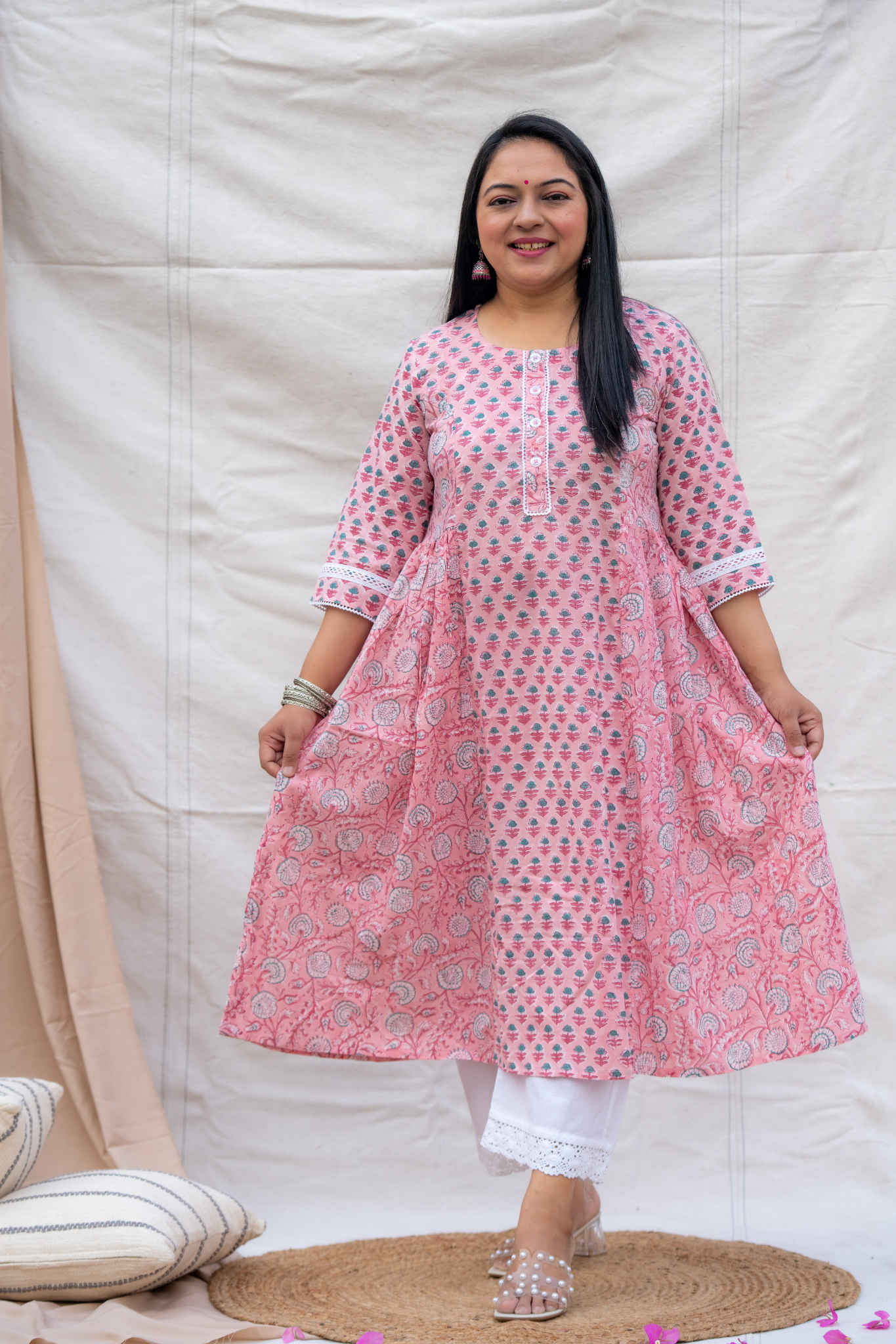 Light Pink A-Line Hand block Cotton Kurta