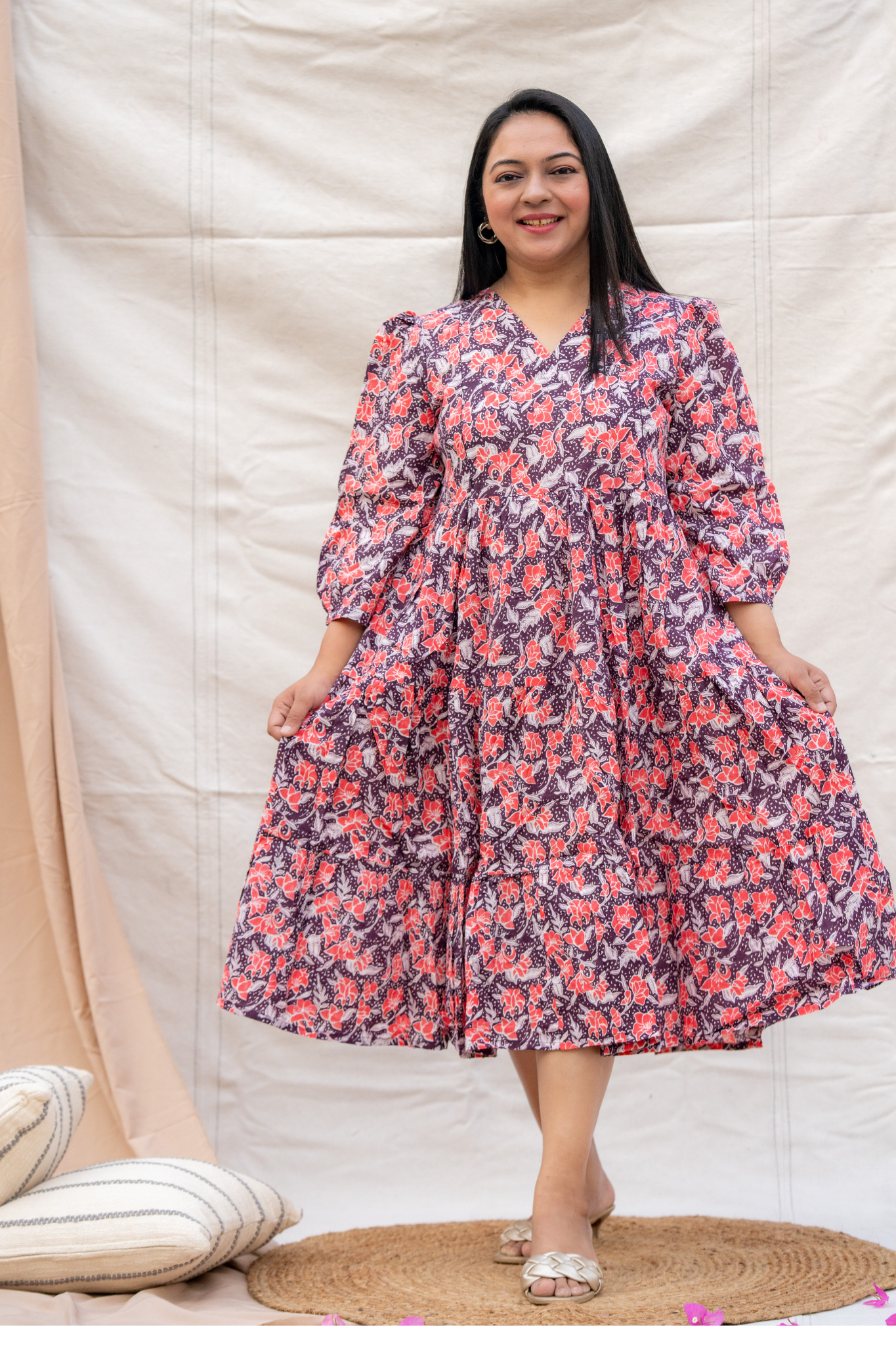 Purple Floral Print Maternity Dress