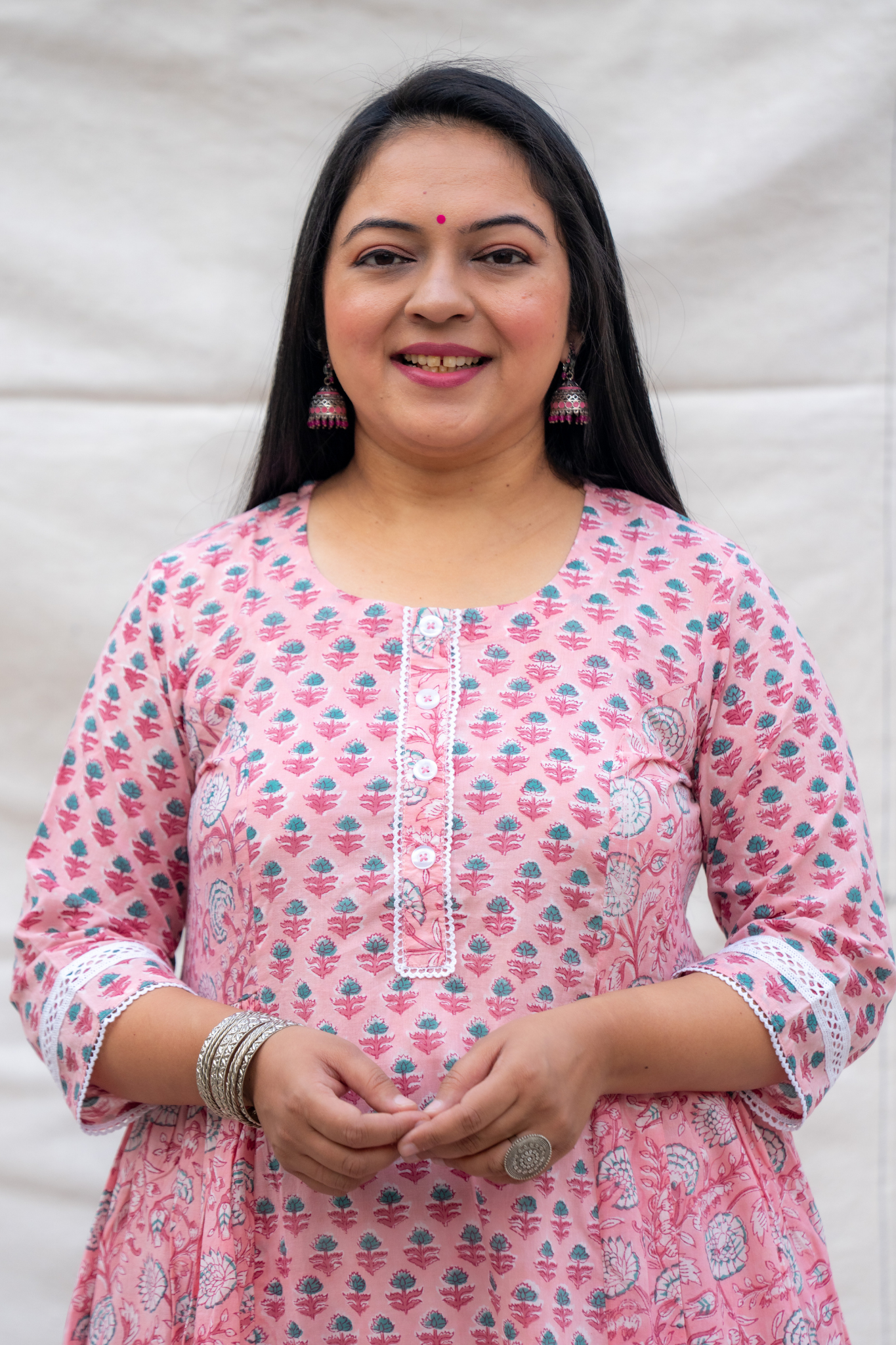 Rehmat Light Pink Handblock A-Line Cotton Kurta