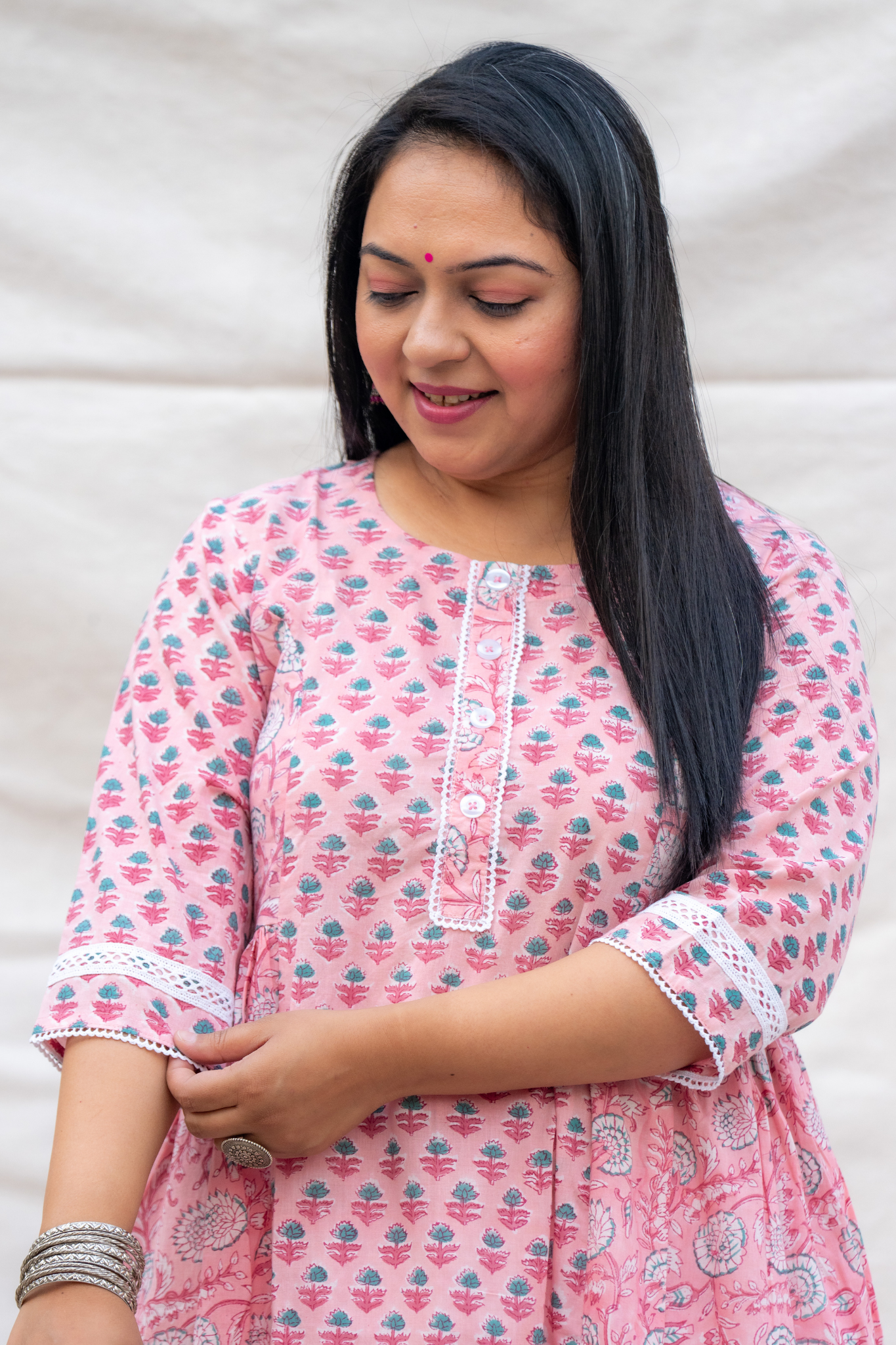 Light Pink Crochet lace And Pure Cotton Kurta