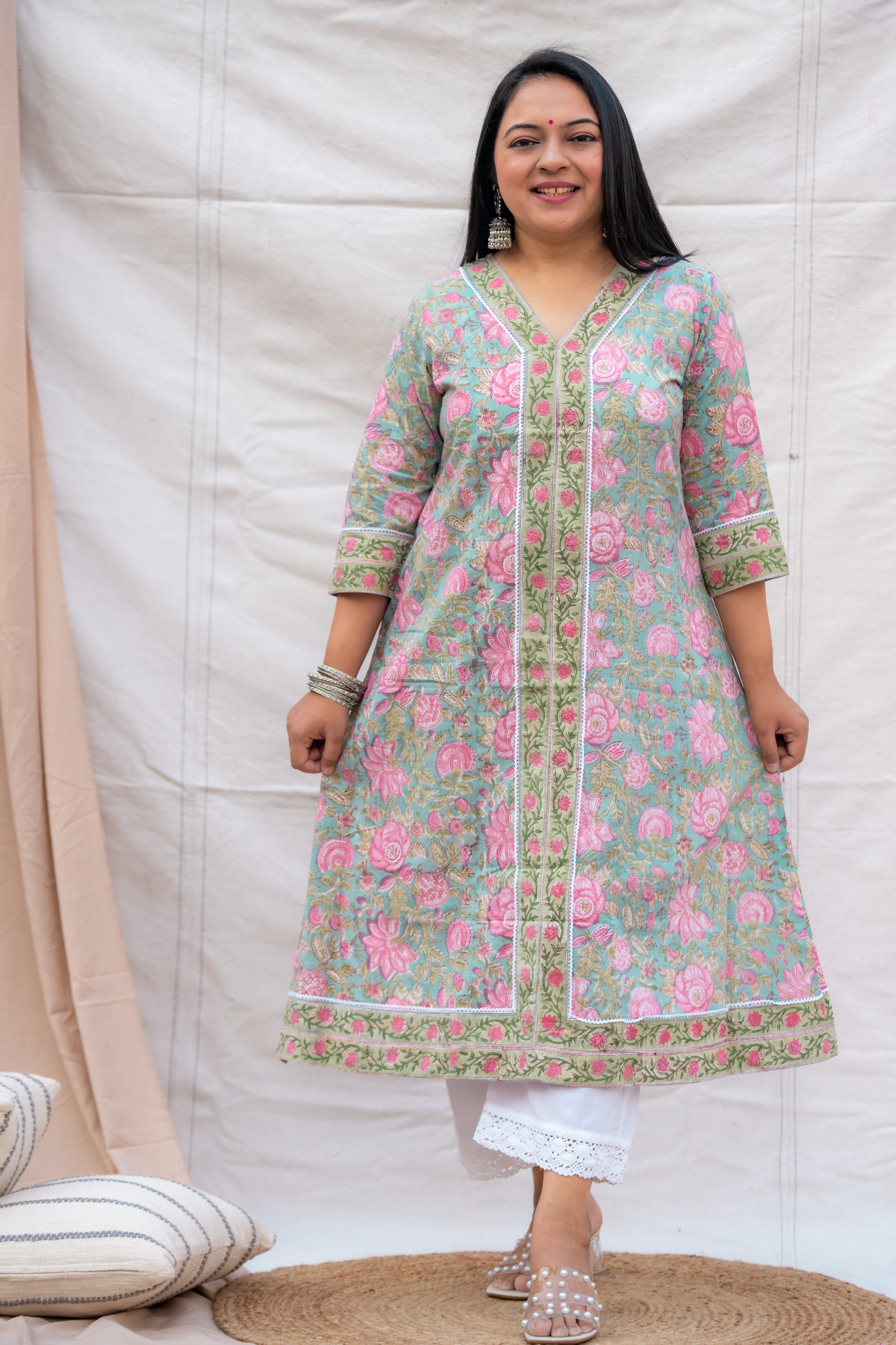 Light Green pintucks A-Line Hand Block Cotton Kurta