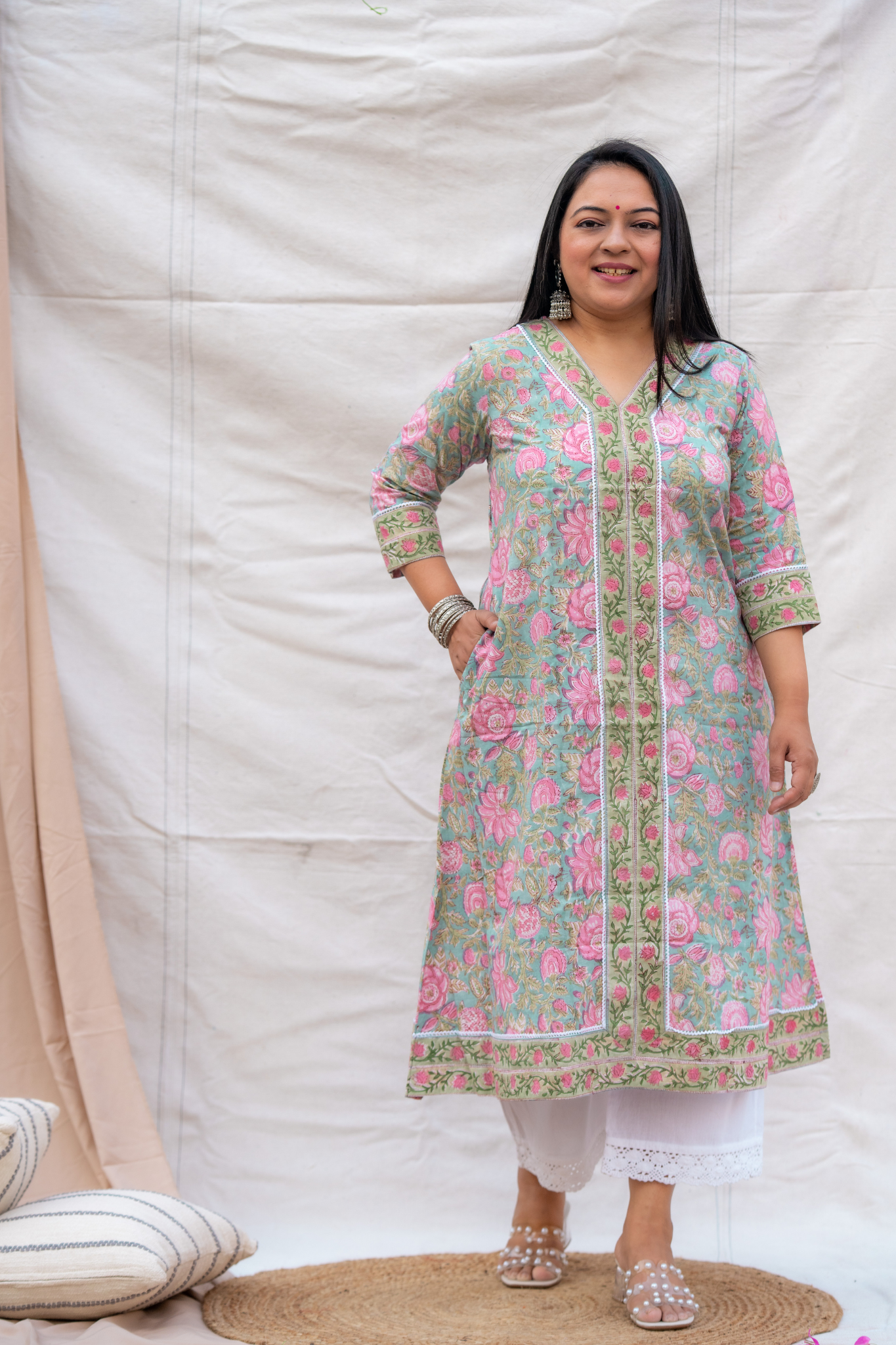 Light Green V neck and Pocket Hand block cotton Kurta