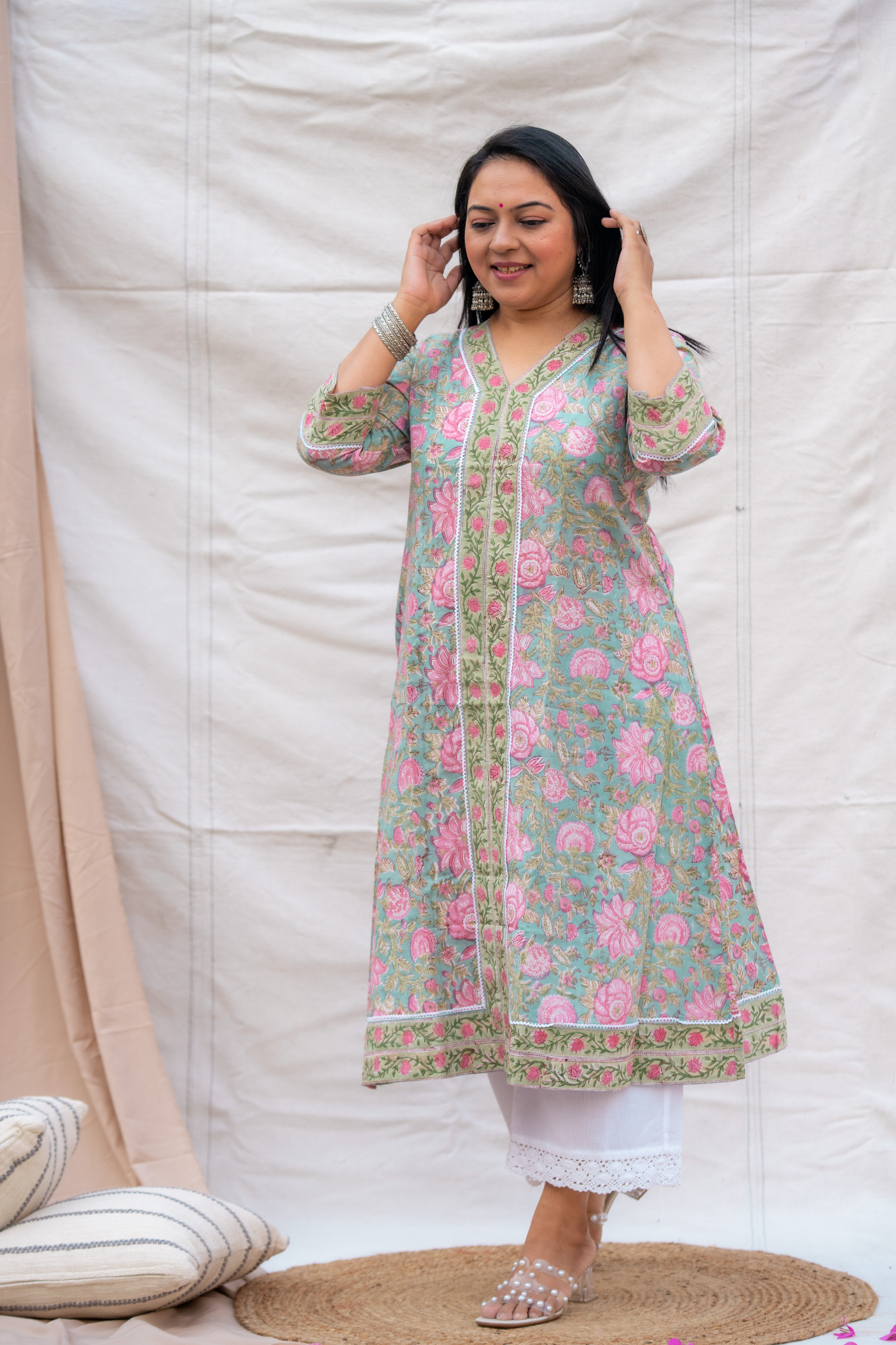 Light Green Floral Print Hand block Kurta