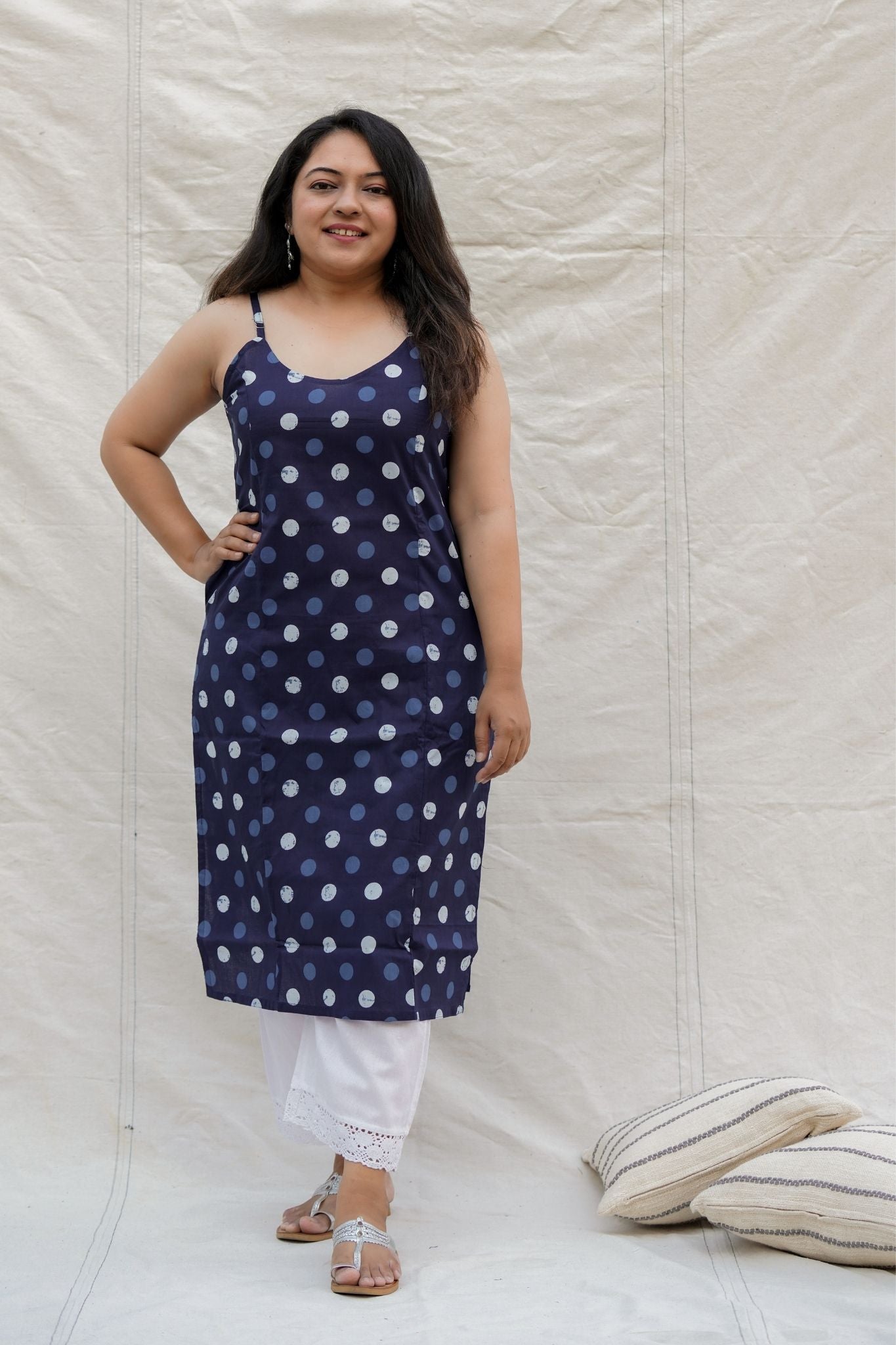 Monopoly Navy Blue Polka Dots Spaghetti Straight Cotton Kurta