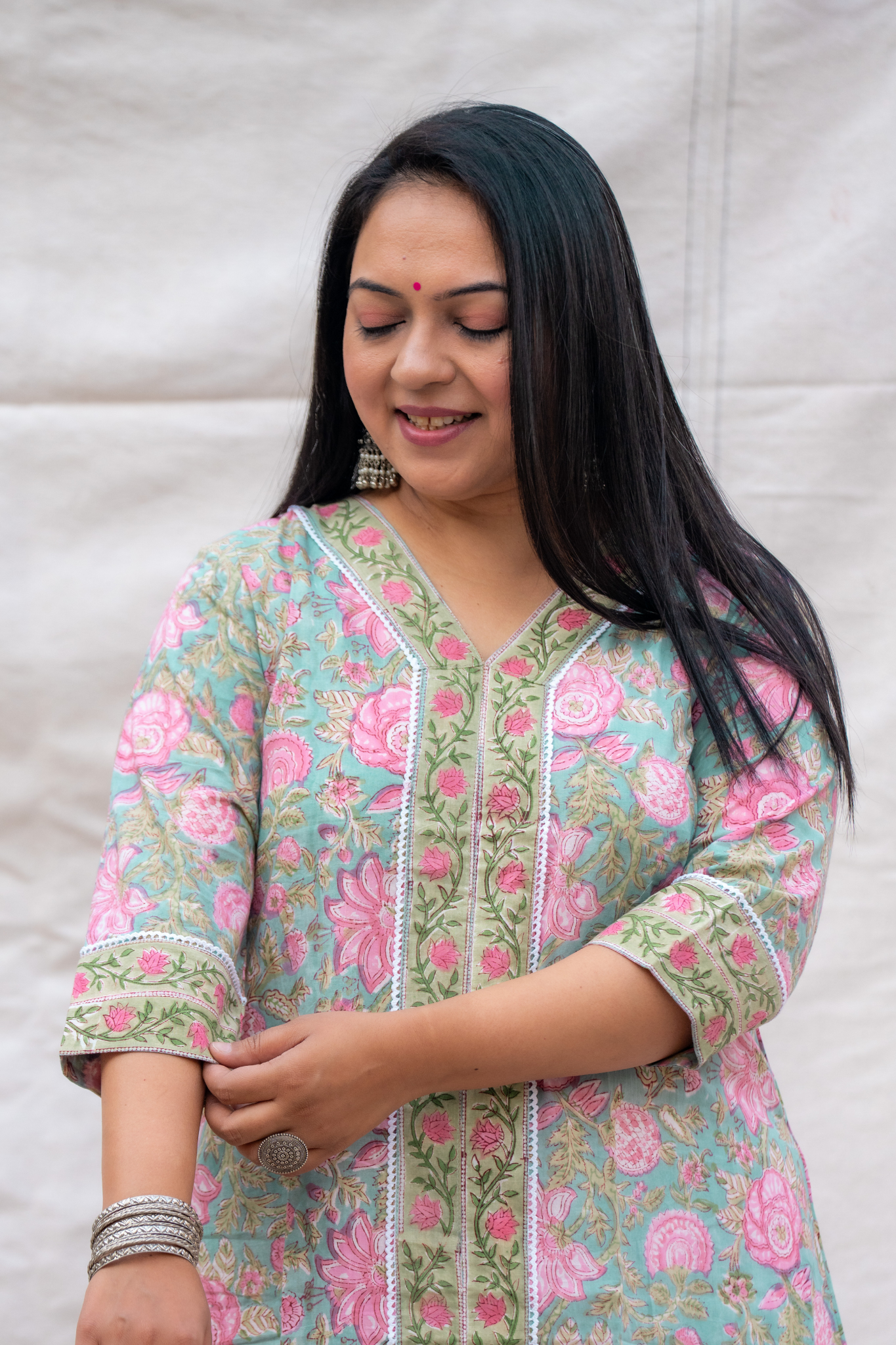 Light Green Three fourth Sleeves Hand block Kurta