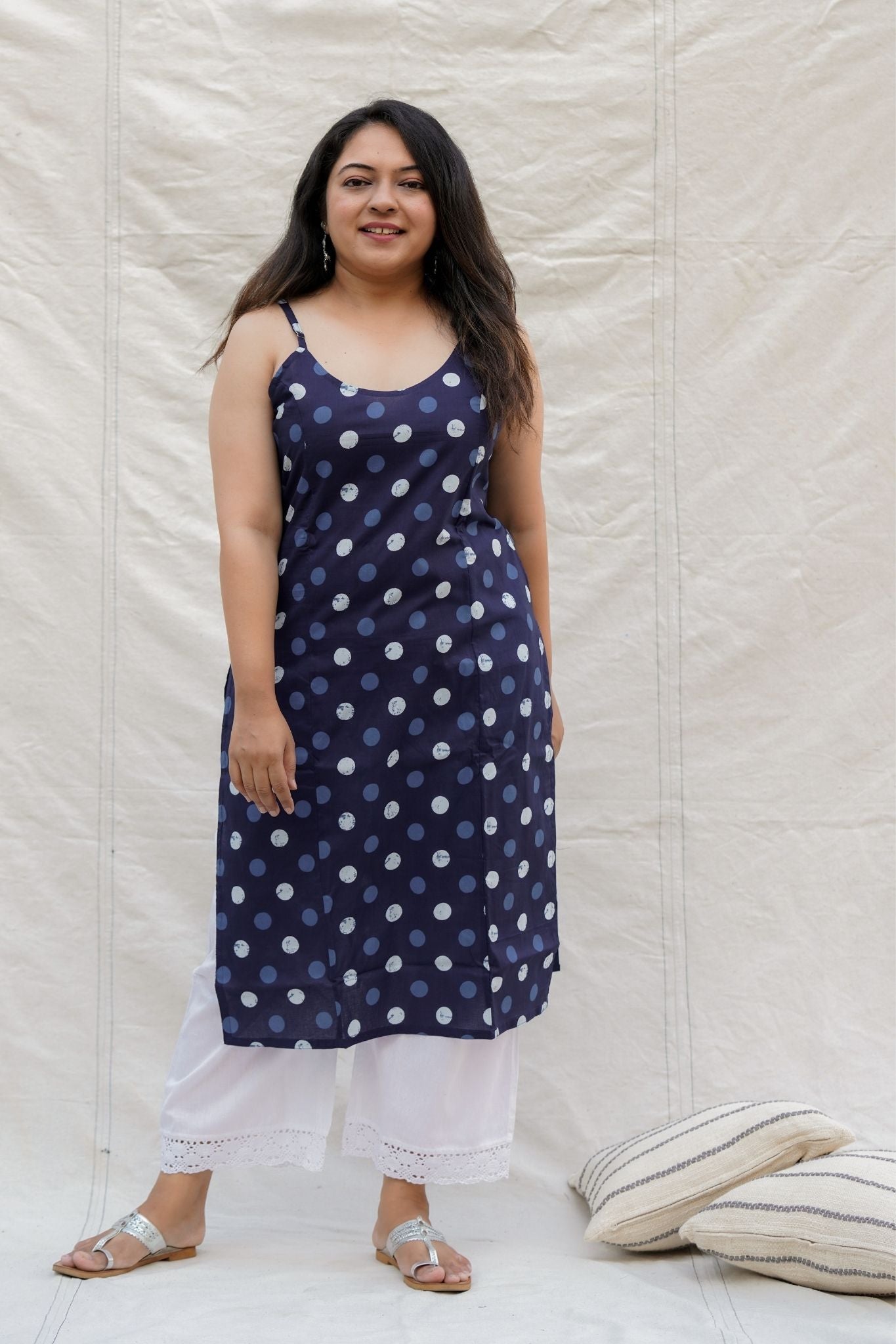 Monopoly Navy Blue Polka Dots Spaghetti Straight Cotton Kurta