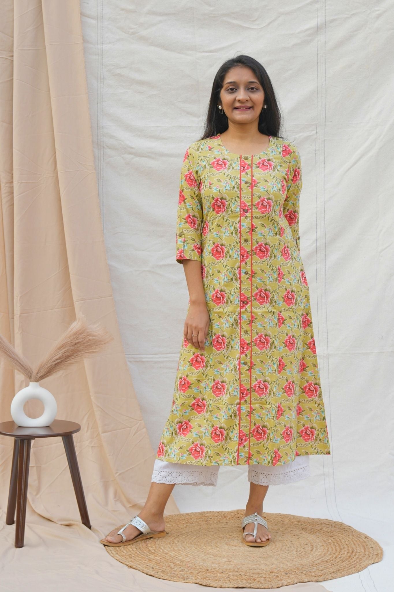 Green floral print maternity kurta