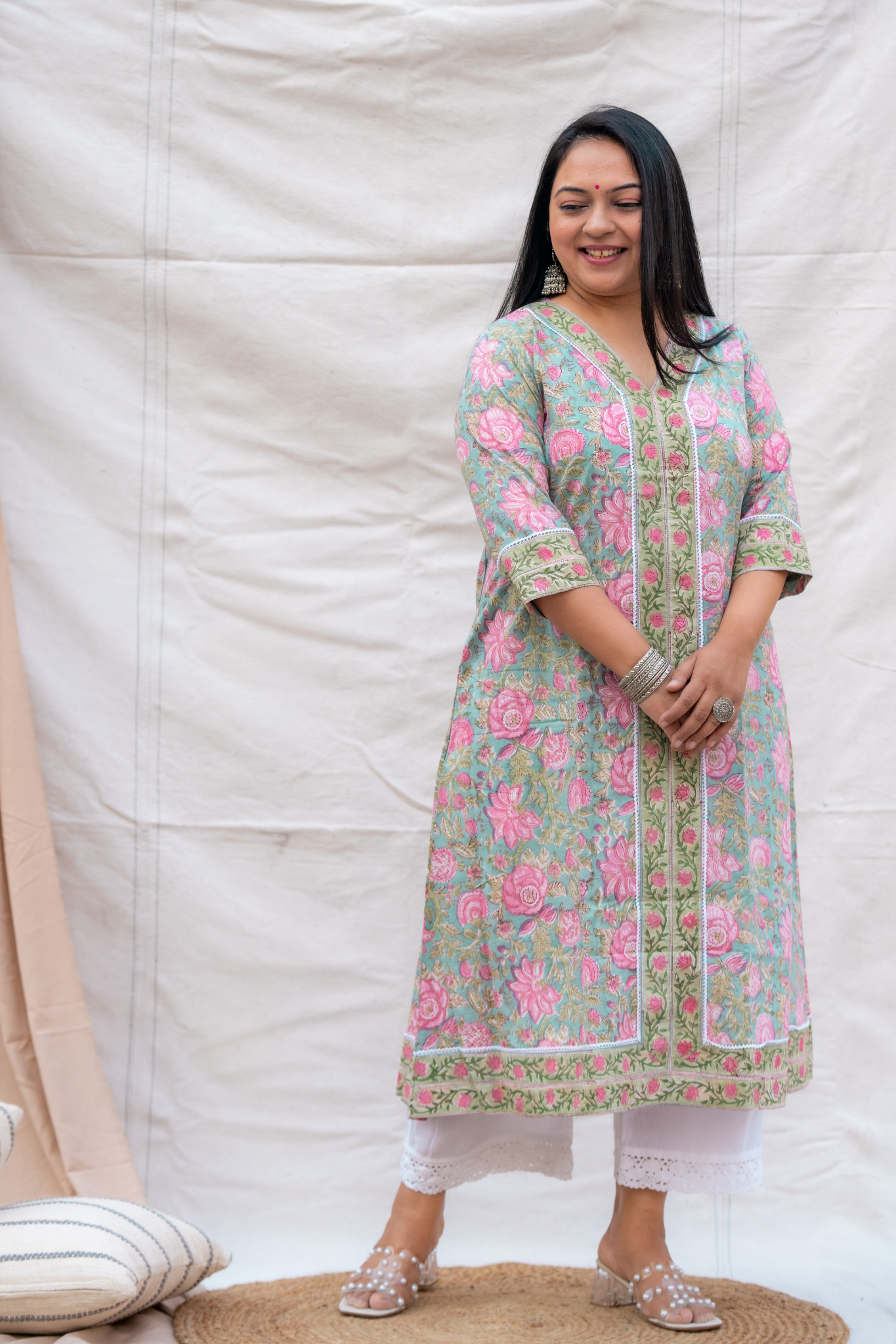 Light Green A-Line Hand block Cotton Kurta