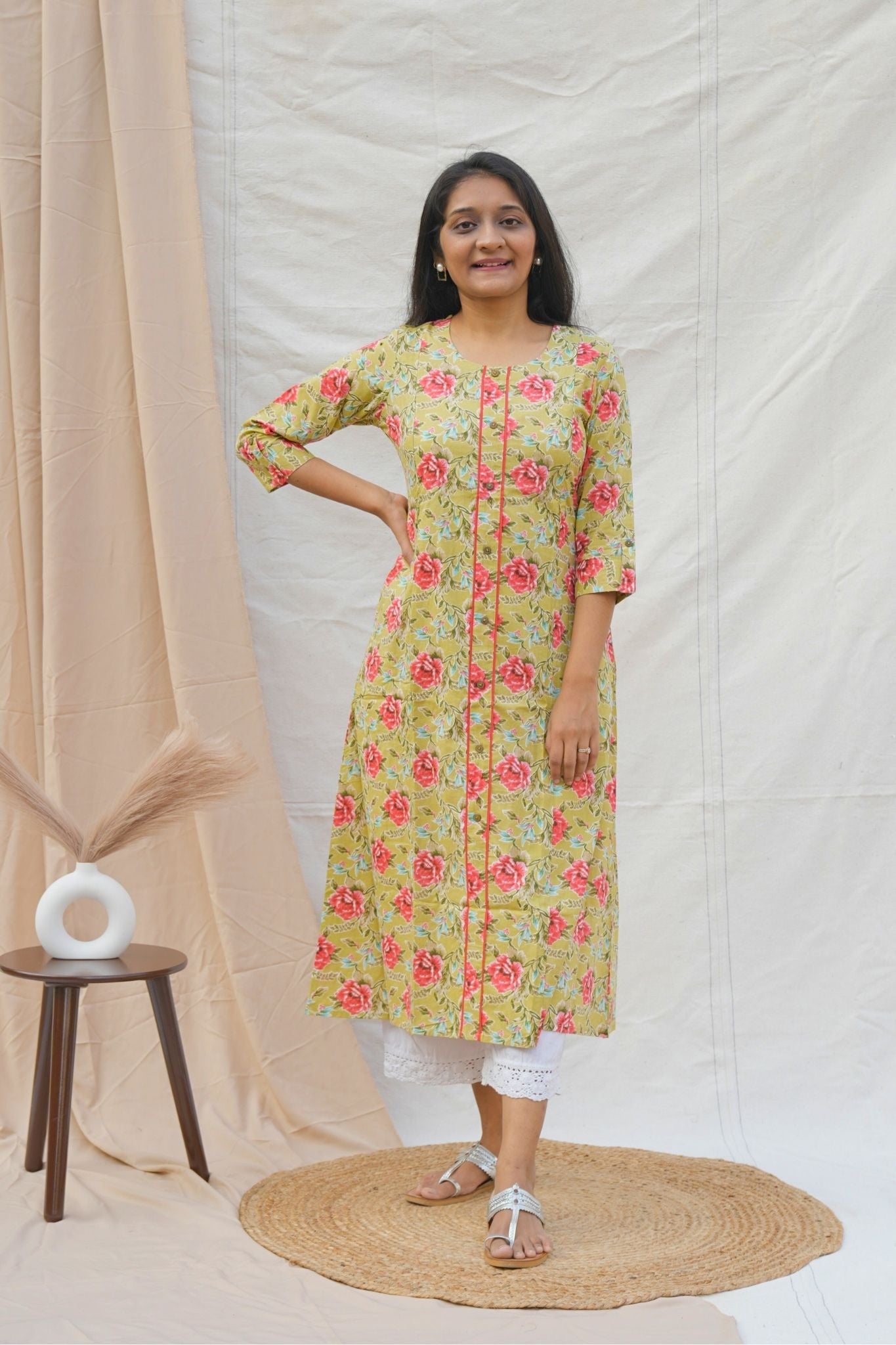 Green floral print feeding friendly kurta