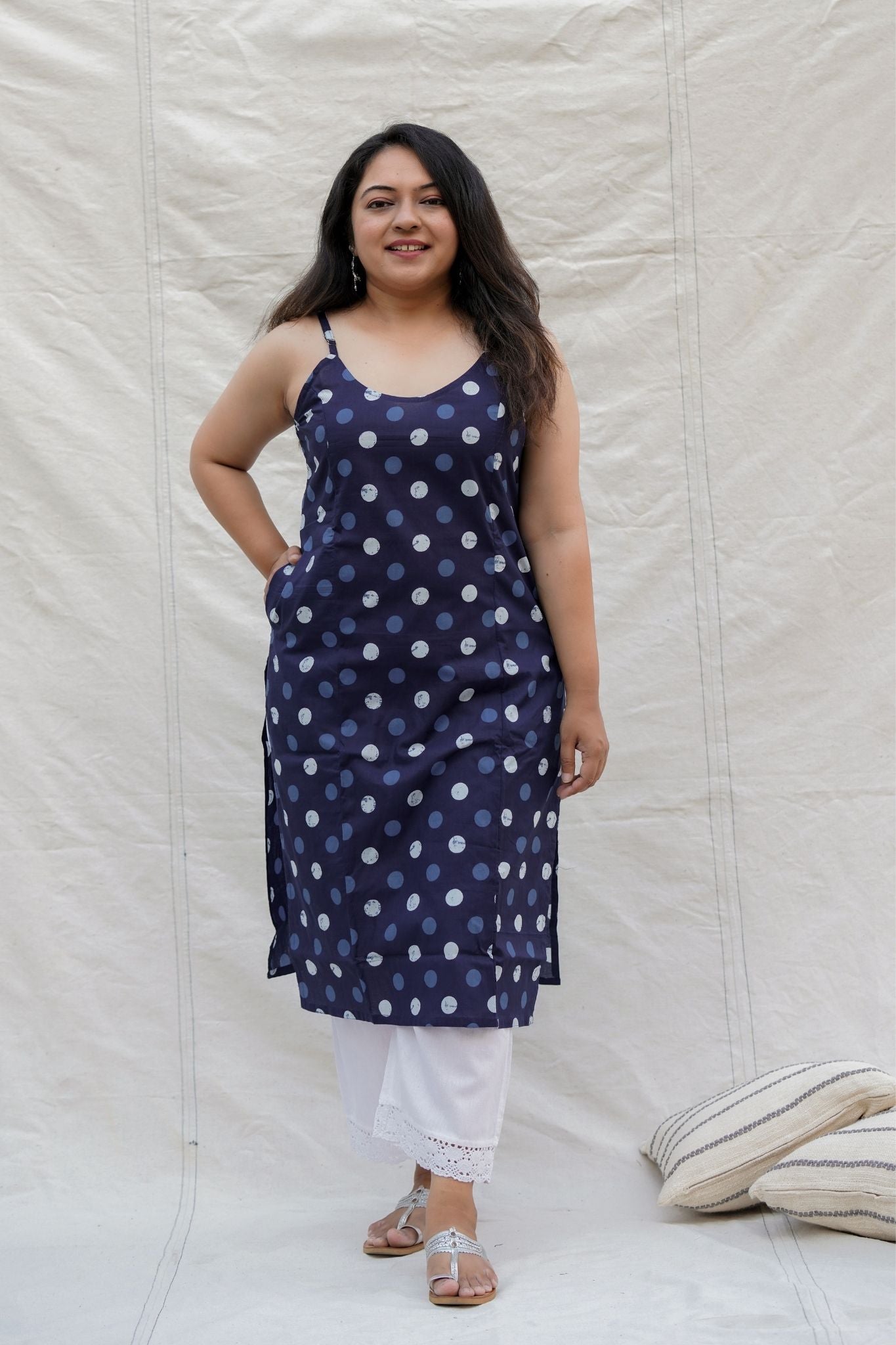 Monopoly Navy Blue Polka Dots Spaghetti Straight Cotton Kurta