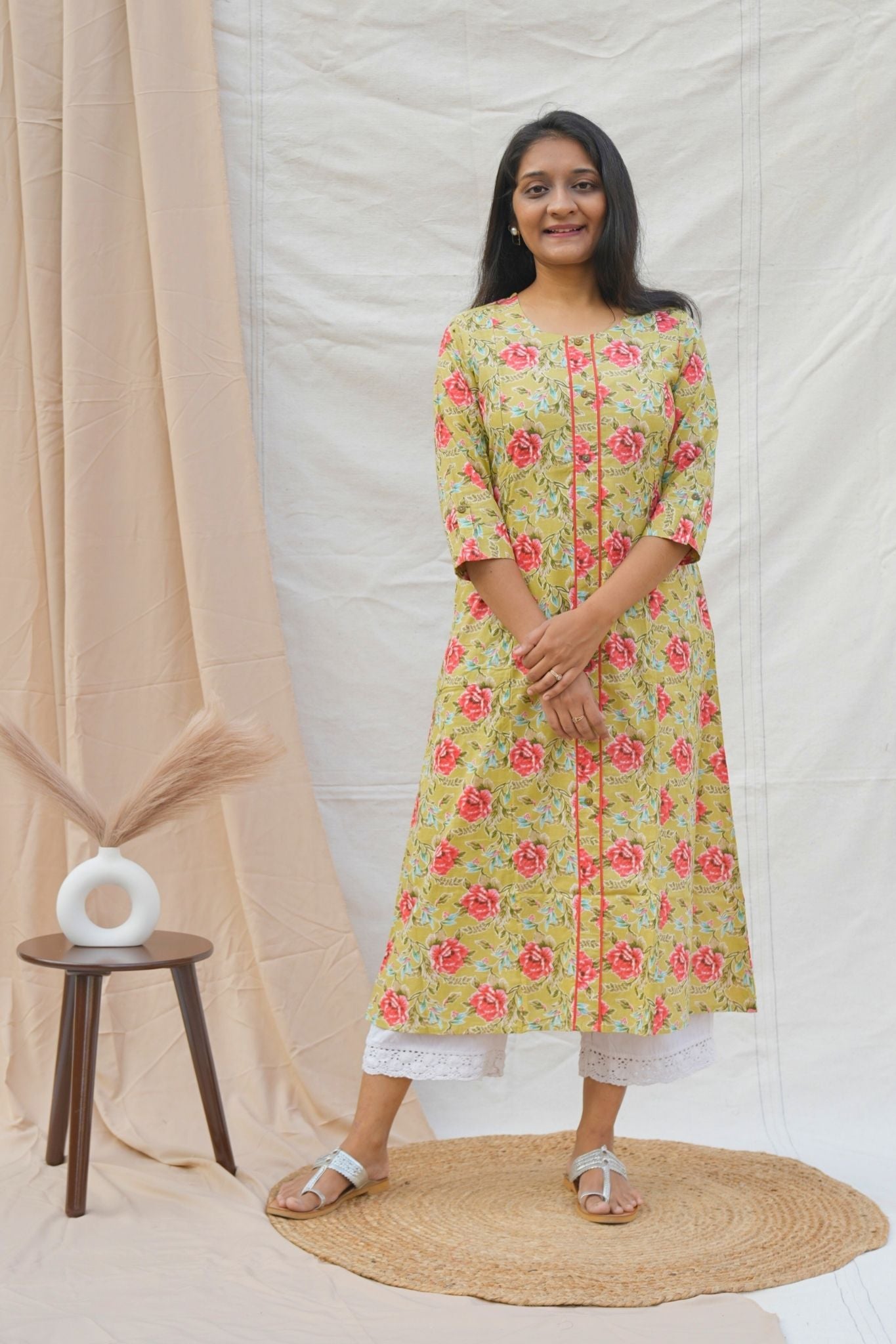 Green A-line floral feeding friendly kurta