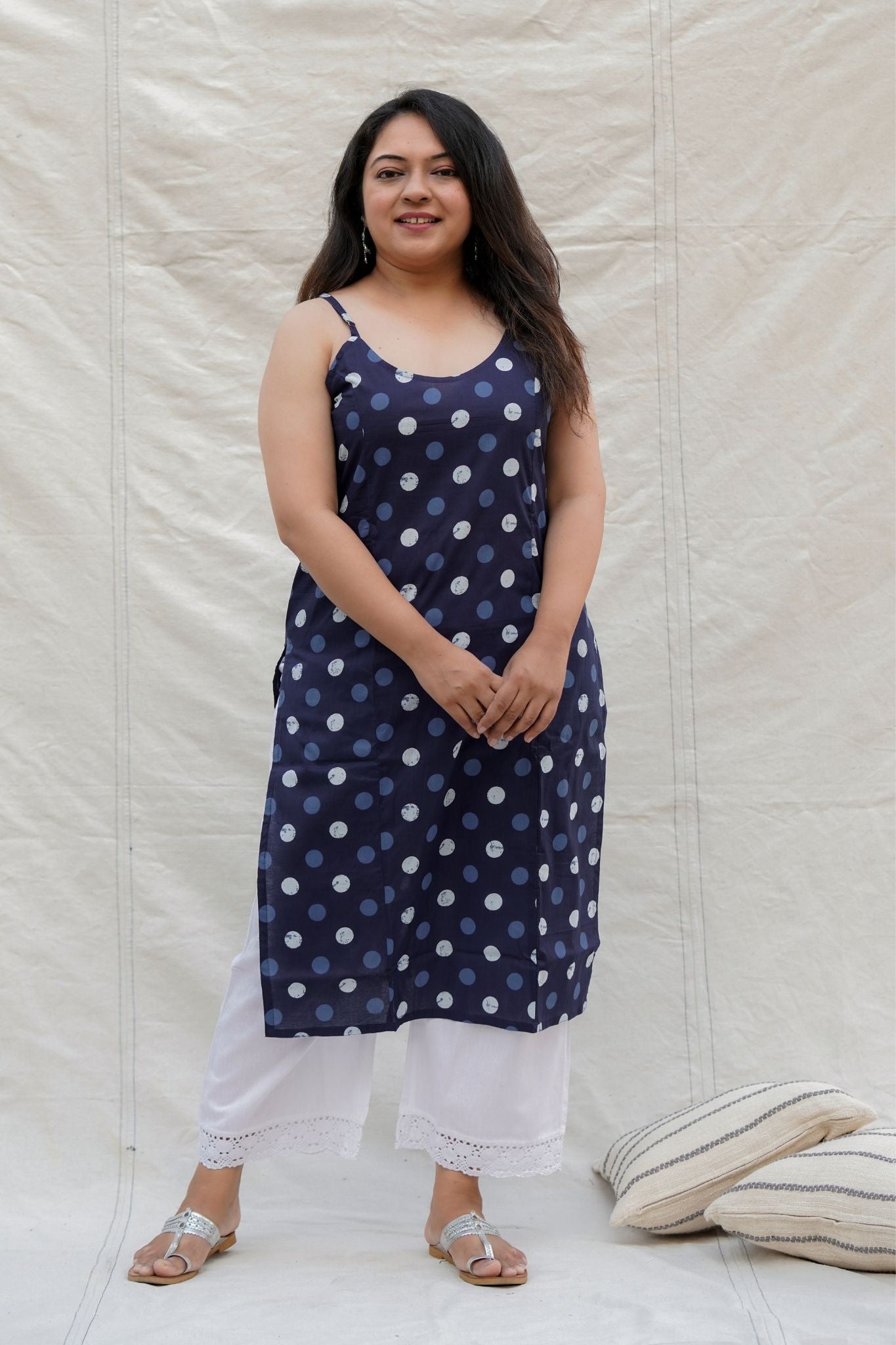 Monopoly Navy Blue Polka Dots Spaghetti Straight Cotton Kurta