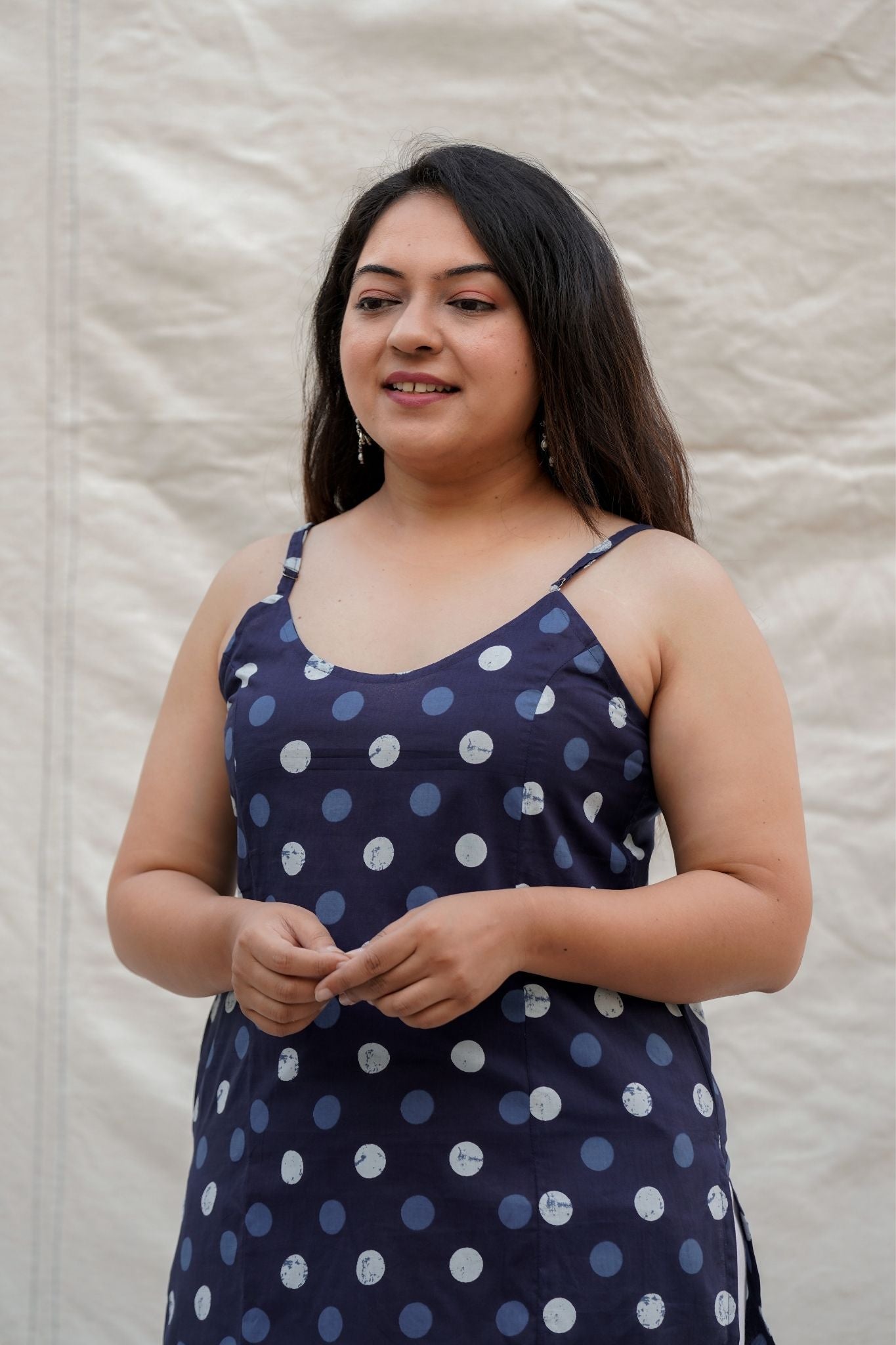 Monopoly Navy Blue Polka Dots Spaghetti Straight Cotton Kurta