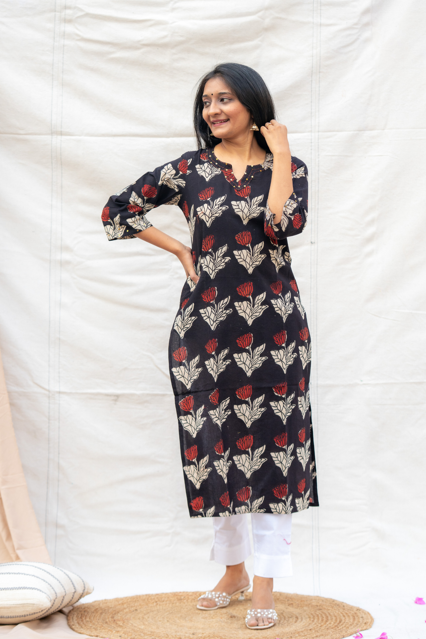 Black Round and V cut neck Hand block Cotton Kurta