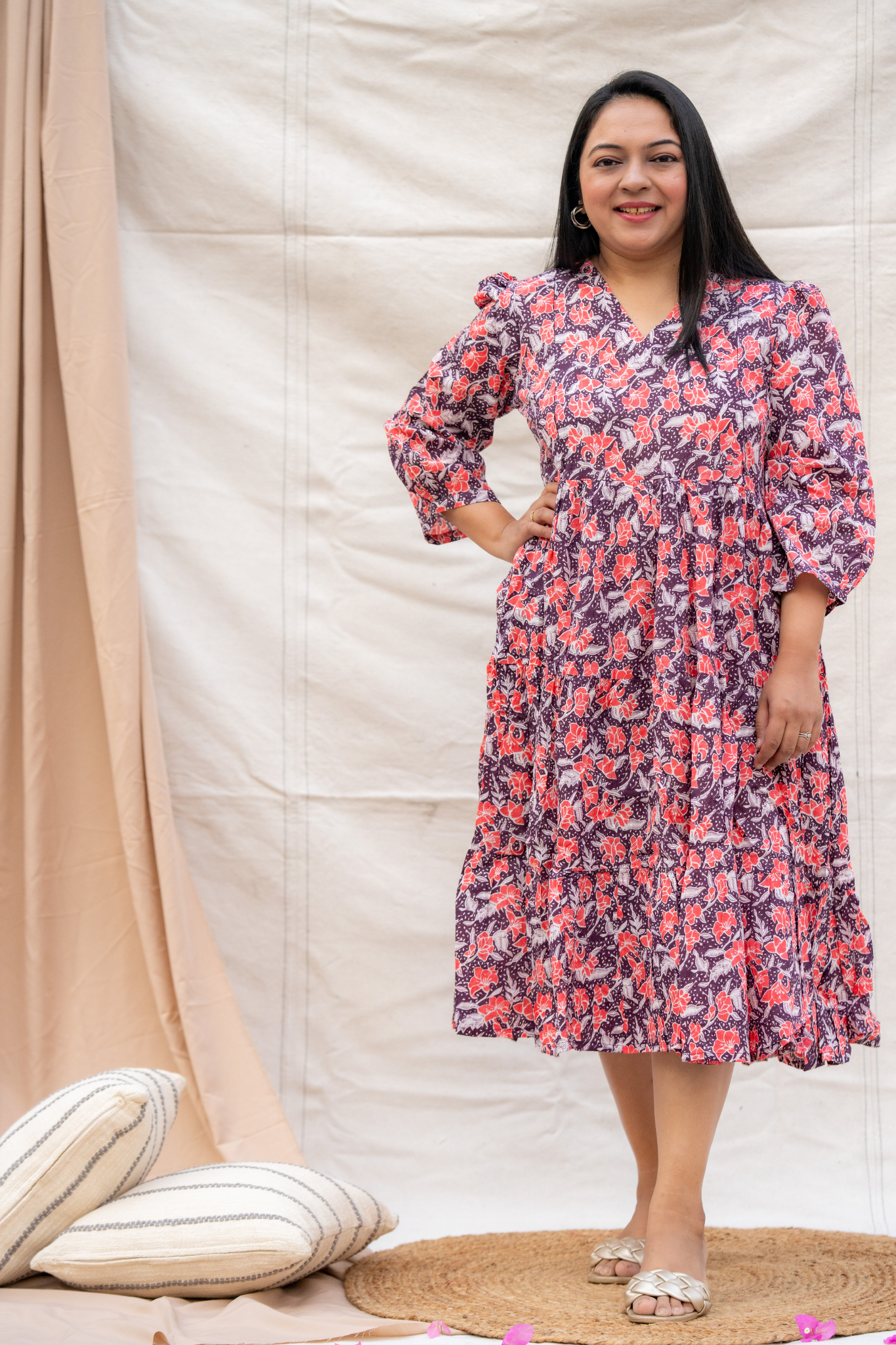 Purple V neck Maternity Dress