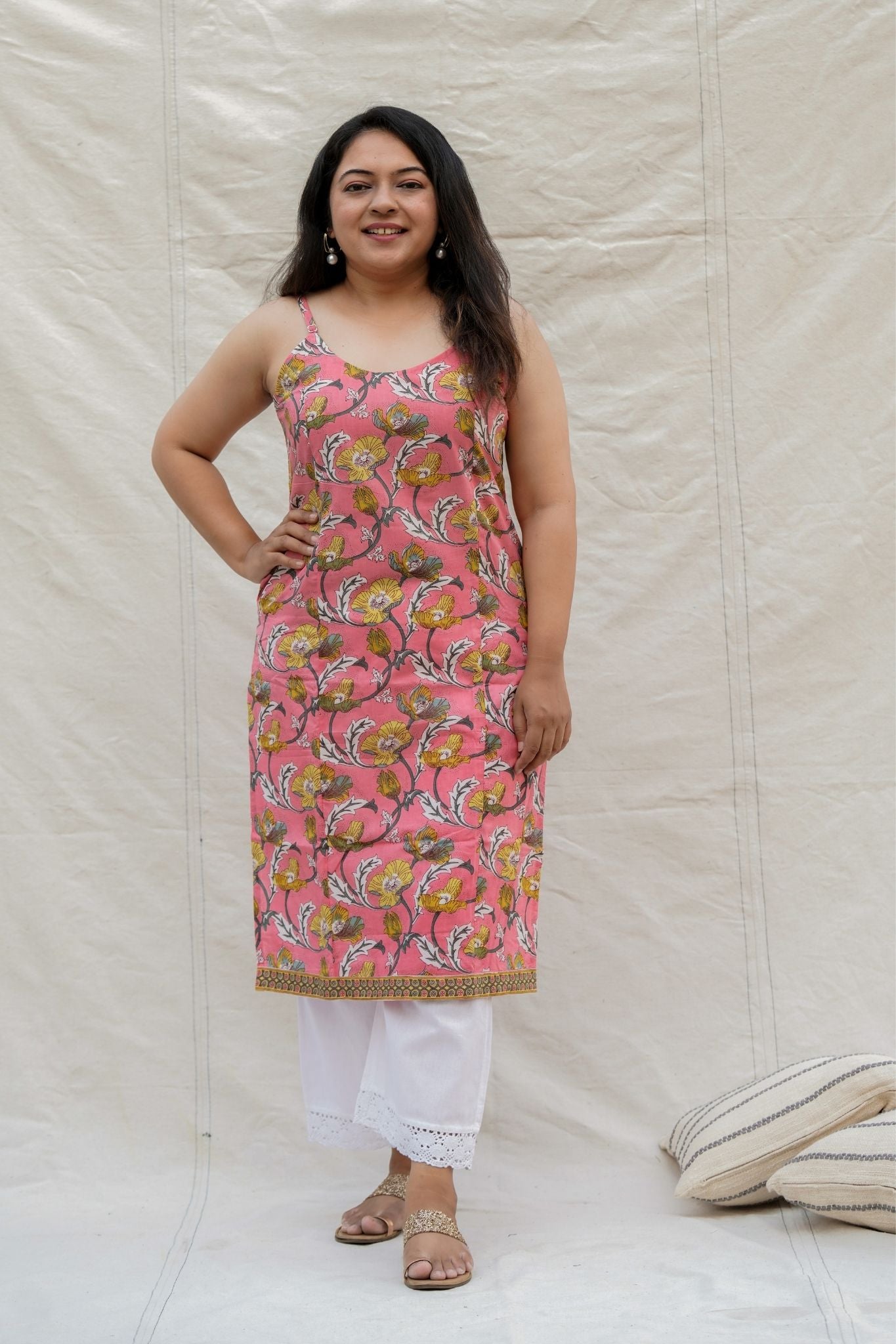 Bonkers Light Pink Floral Spaghetti Straight Cotton Kurta