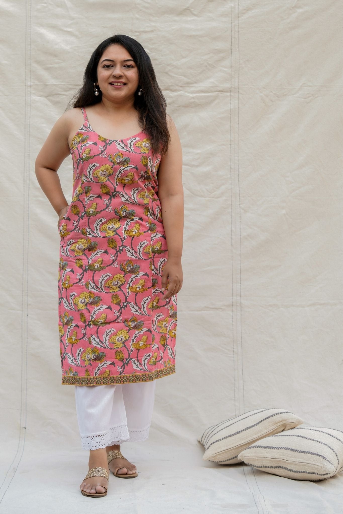 Bonkers Light Pink Floral Spaghetti Straight Cotton Kurta