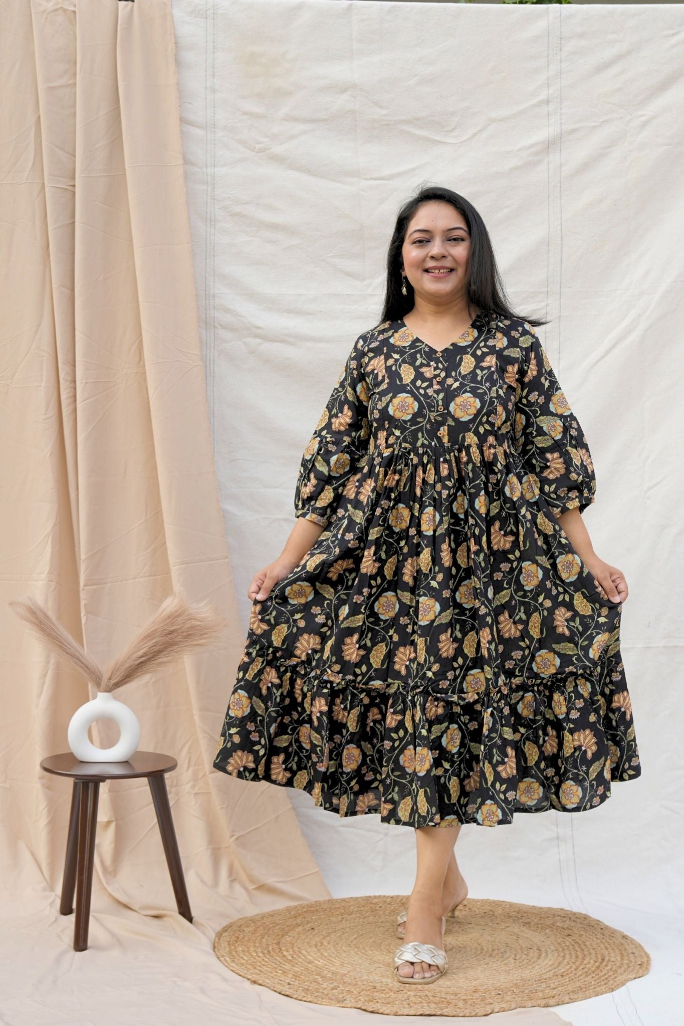 Black Floral Cotton Maternity Dress