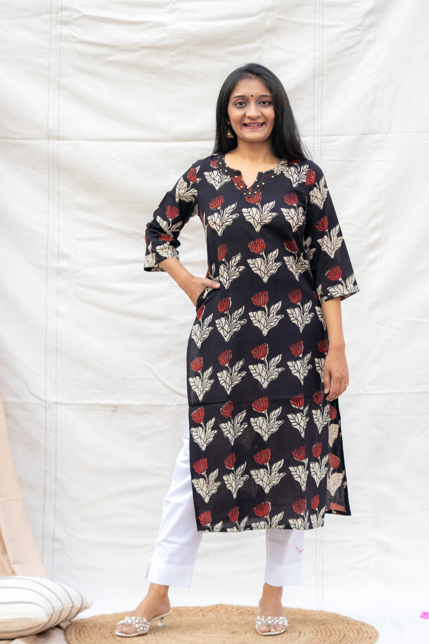 Black Hand block Cotton Kurta With Pocket