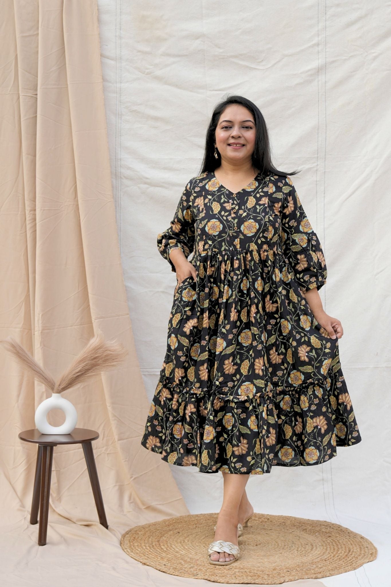 Black Floral Print Maternity Dress With Pocket