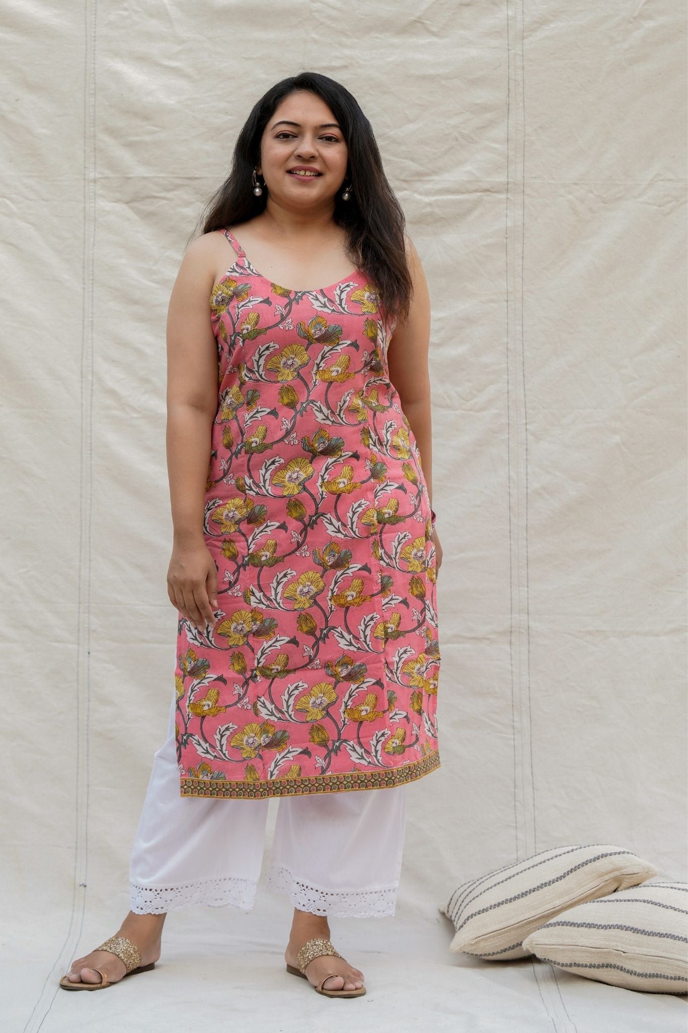 Bonkers Light Pink Floral Spaghetti Straight Cotton Kurta