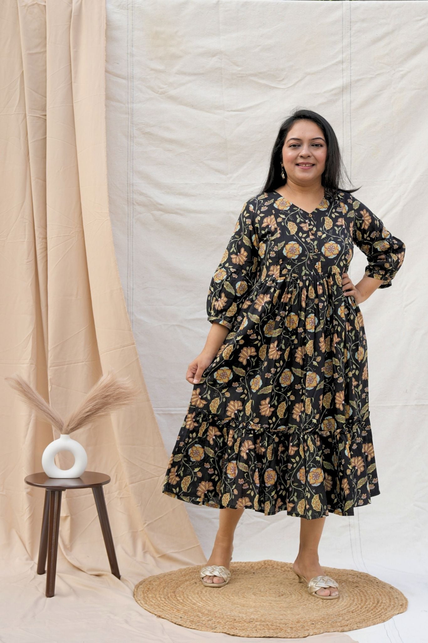 Black V neck Maternity Cotton Dress