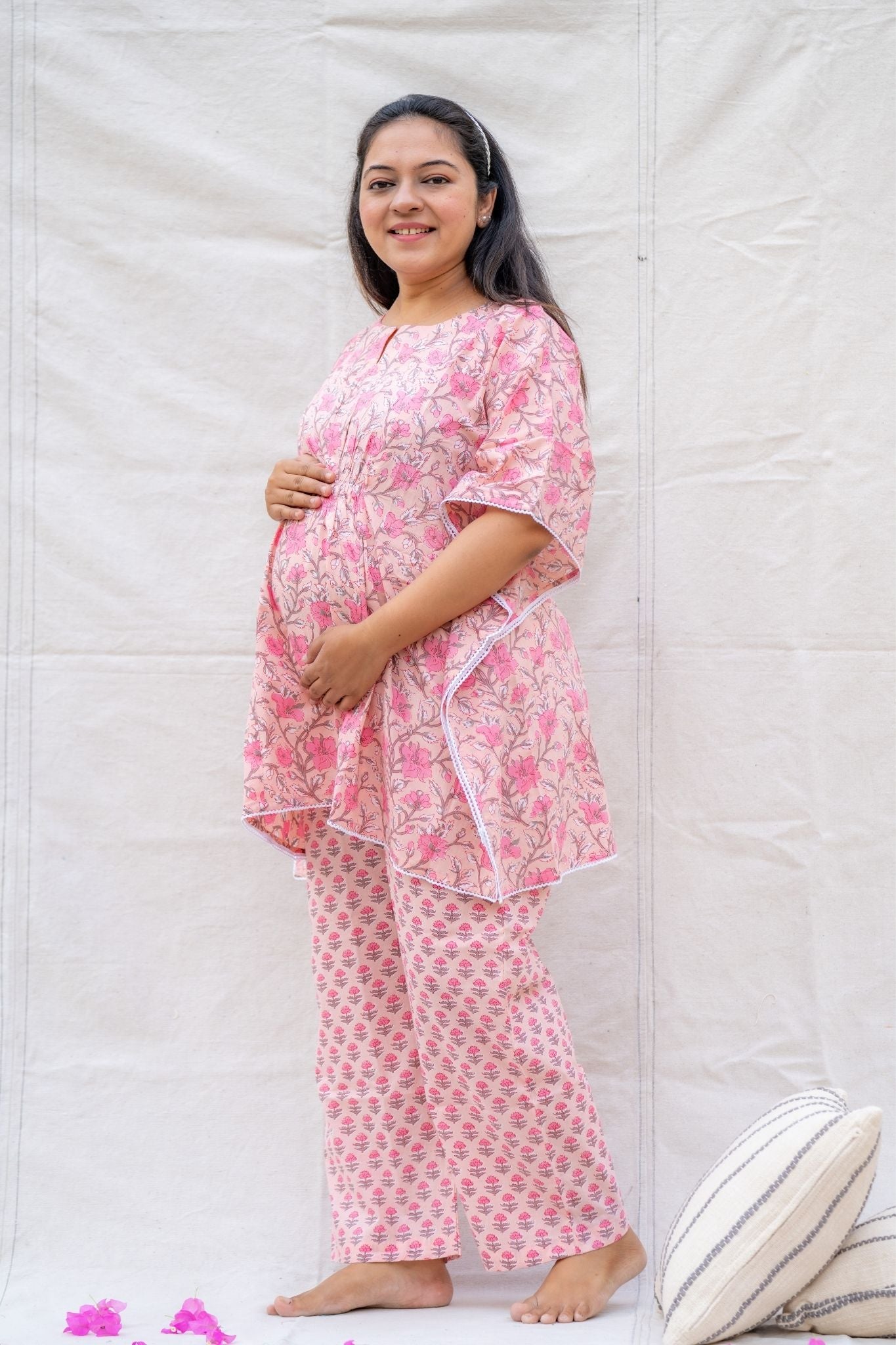 Raashi Light Pink Maternity and Nursing Cotton Lounge Wear Set