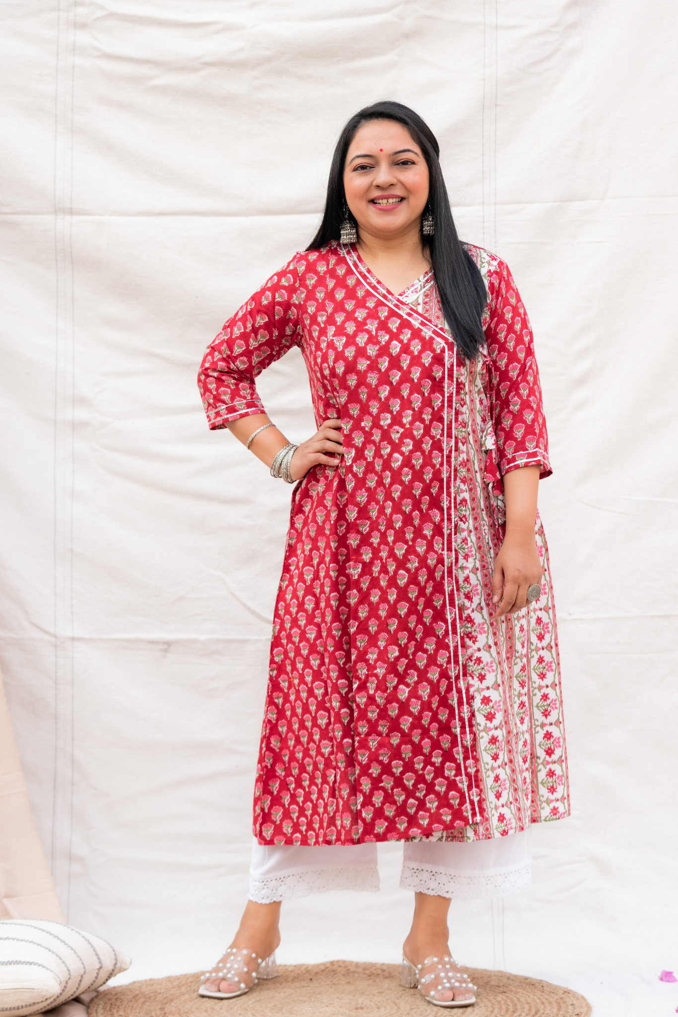 Red Angrakha Hand Block Cotton Kurta