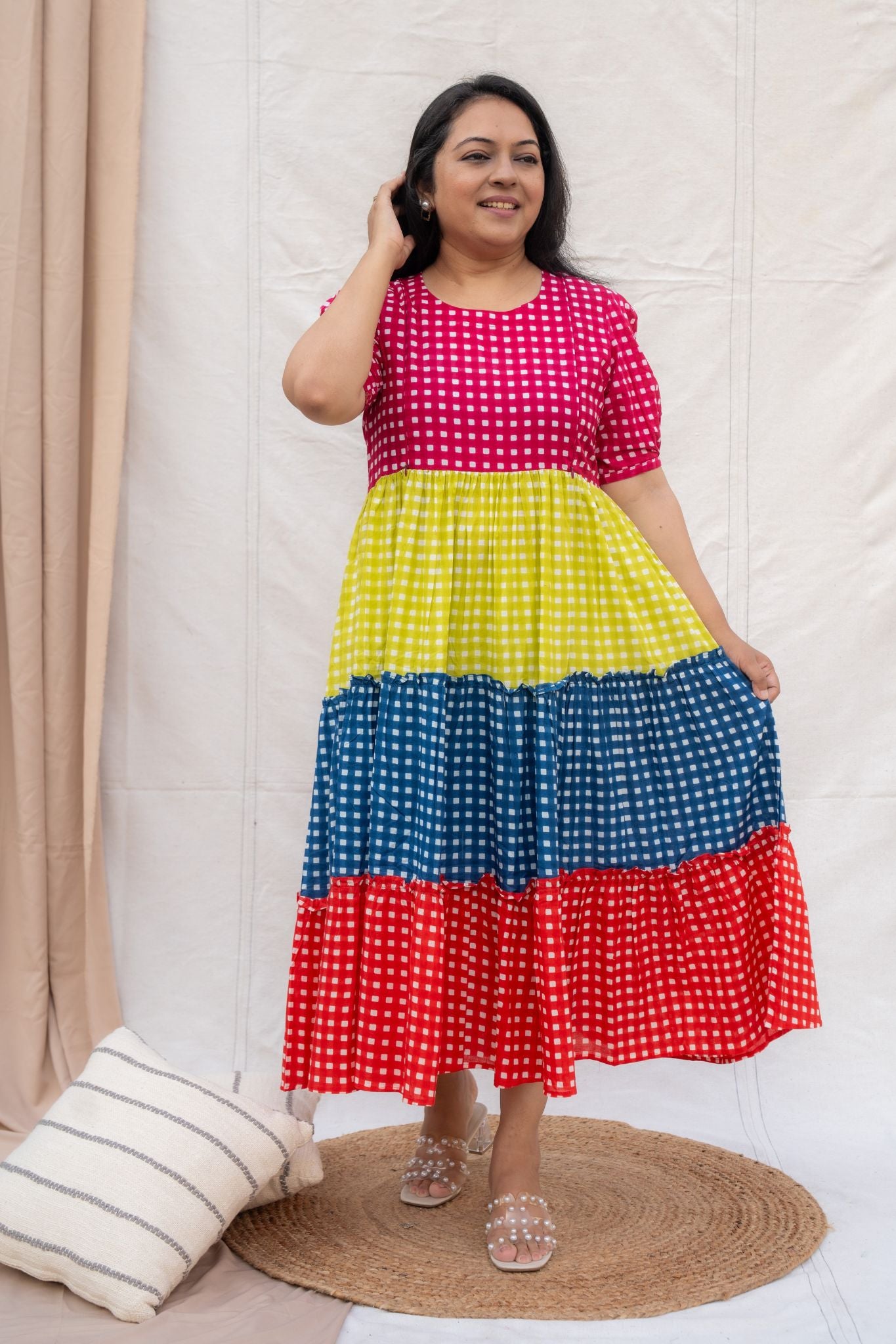 Multi- colour checks feeding dress