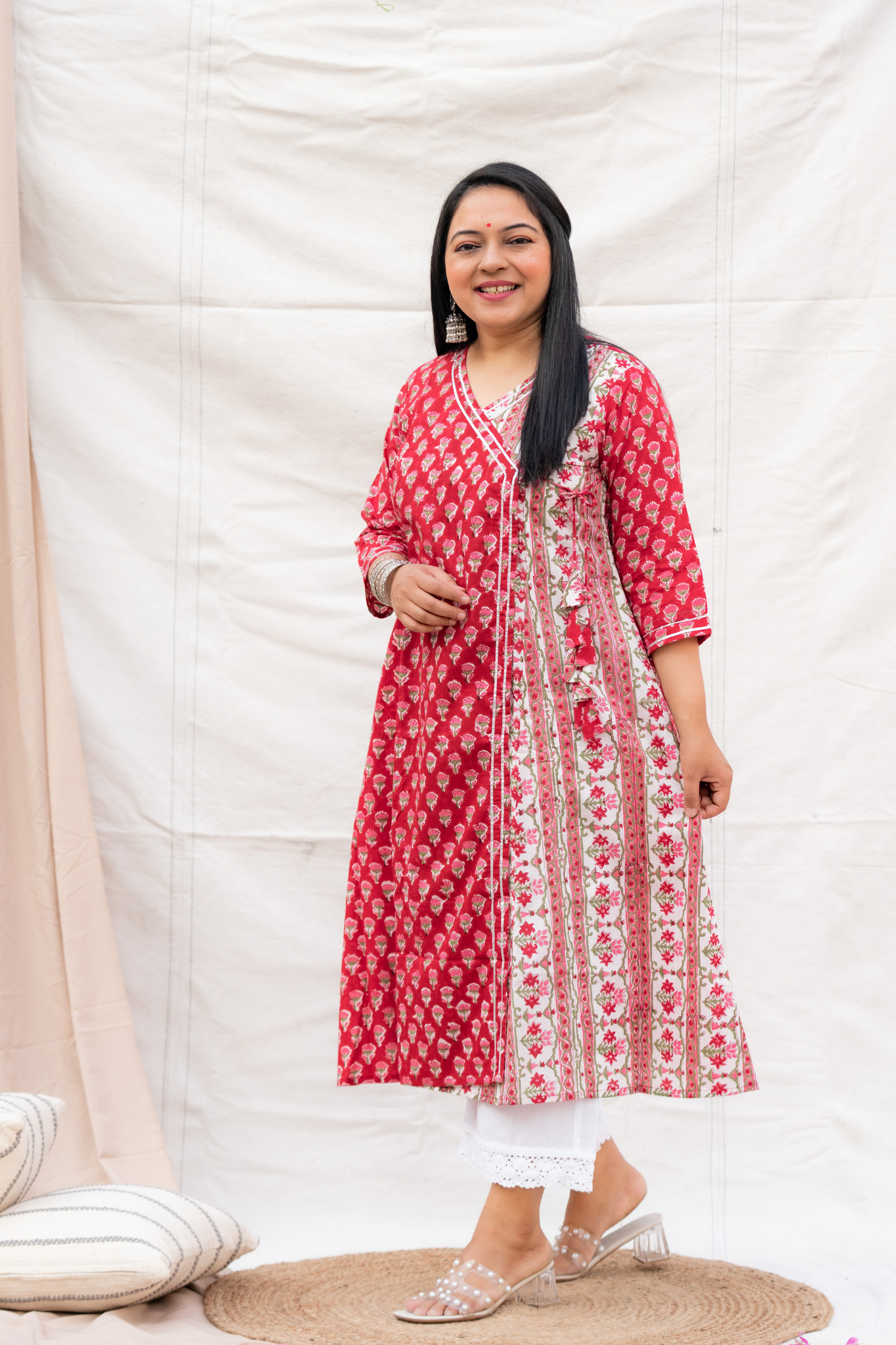 Red V neck Hand Block Cotton Kurta