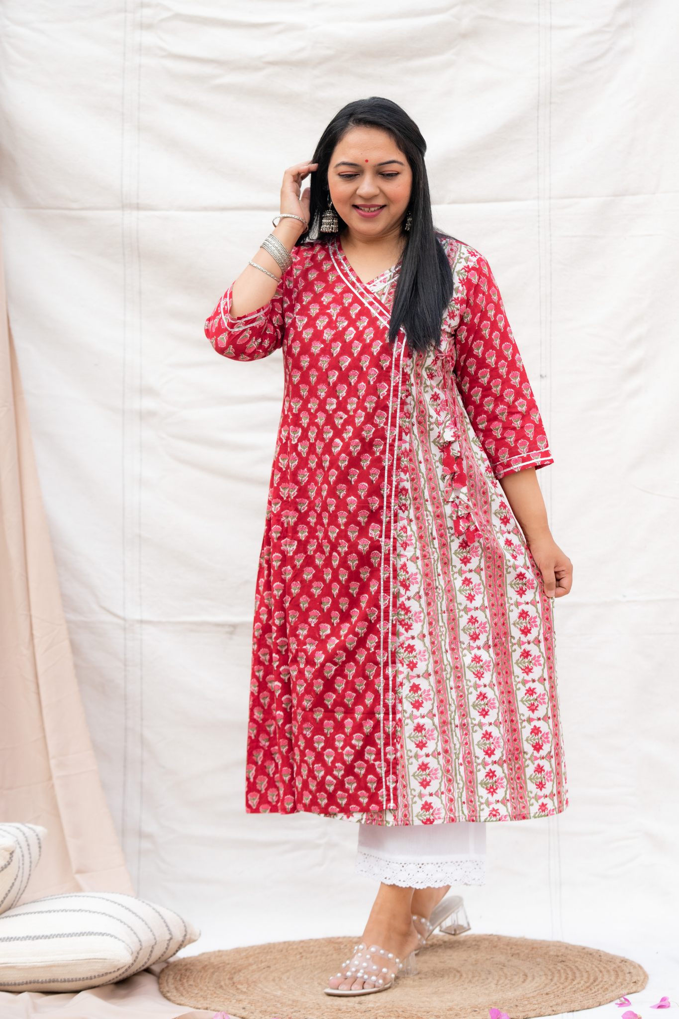 Red Tassels Hand block Cotton Kurta