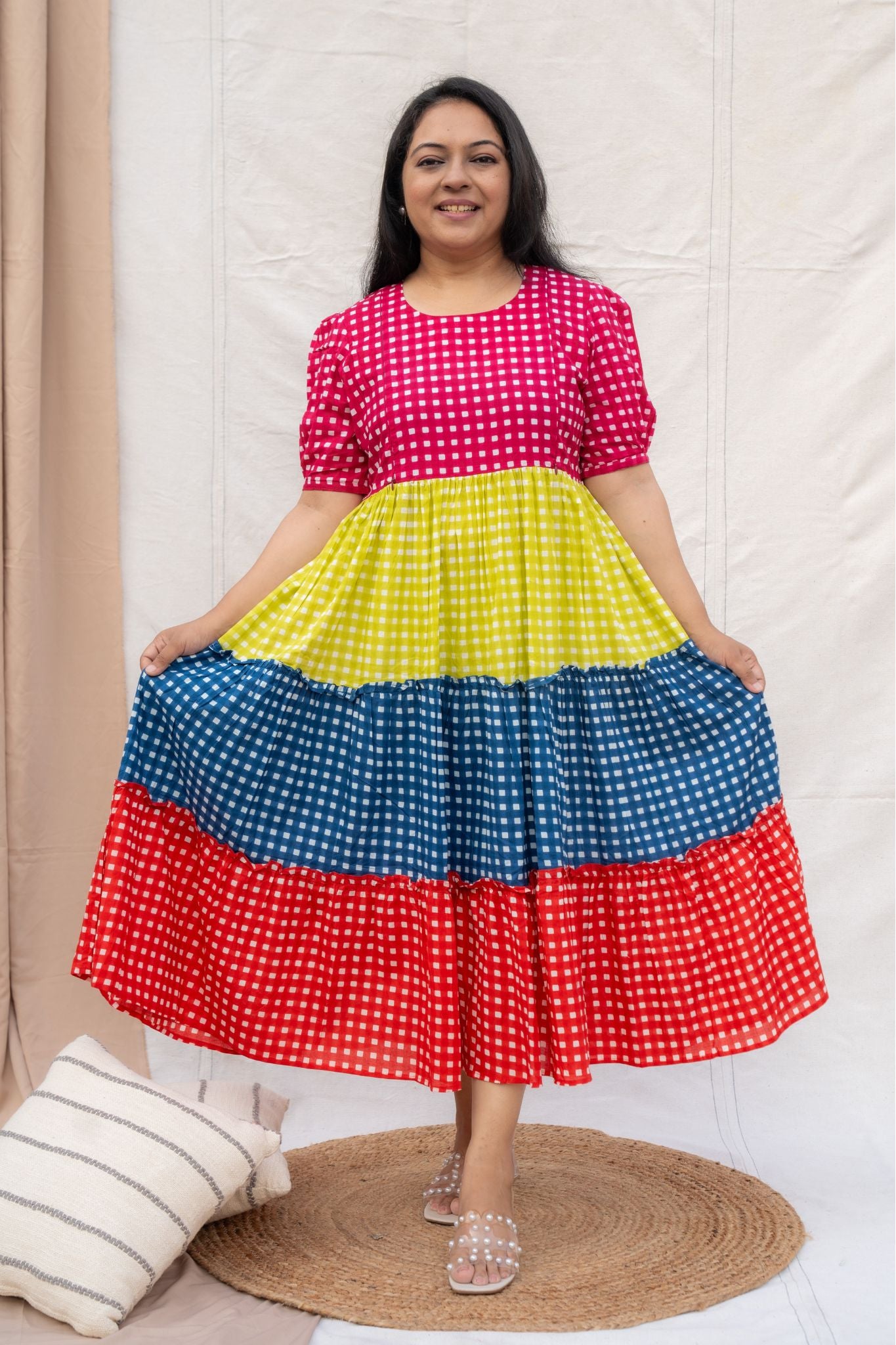 Multi - colour checks feeding dress with flare